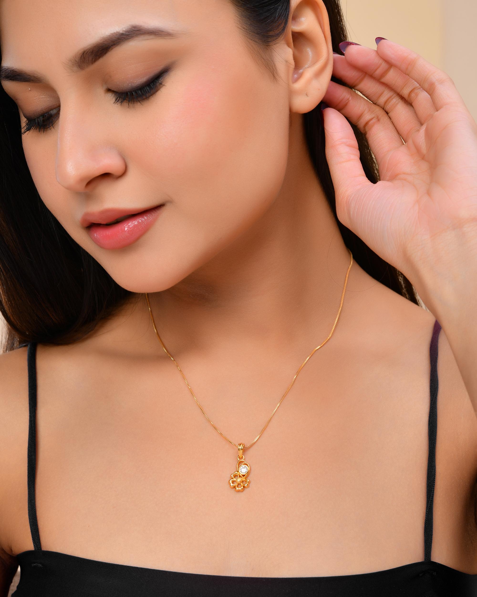 VOJ Gold-Polished Flower Shaped Ad Studded Pendant With Chain - Distacart