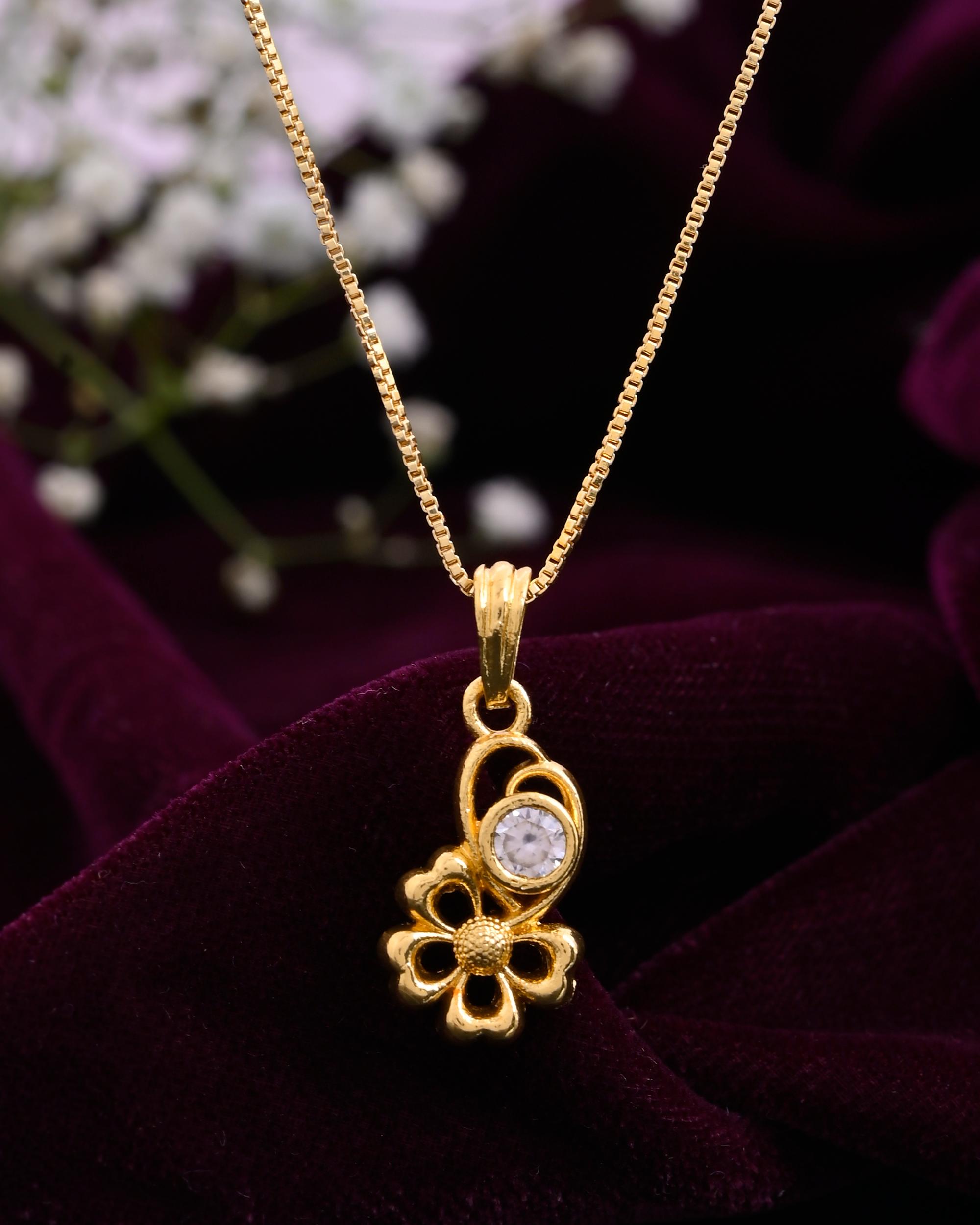 VOJ Gold-Polished Flower Shaped Ad Studded Pendant With Chain - Distacart