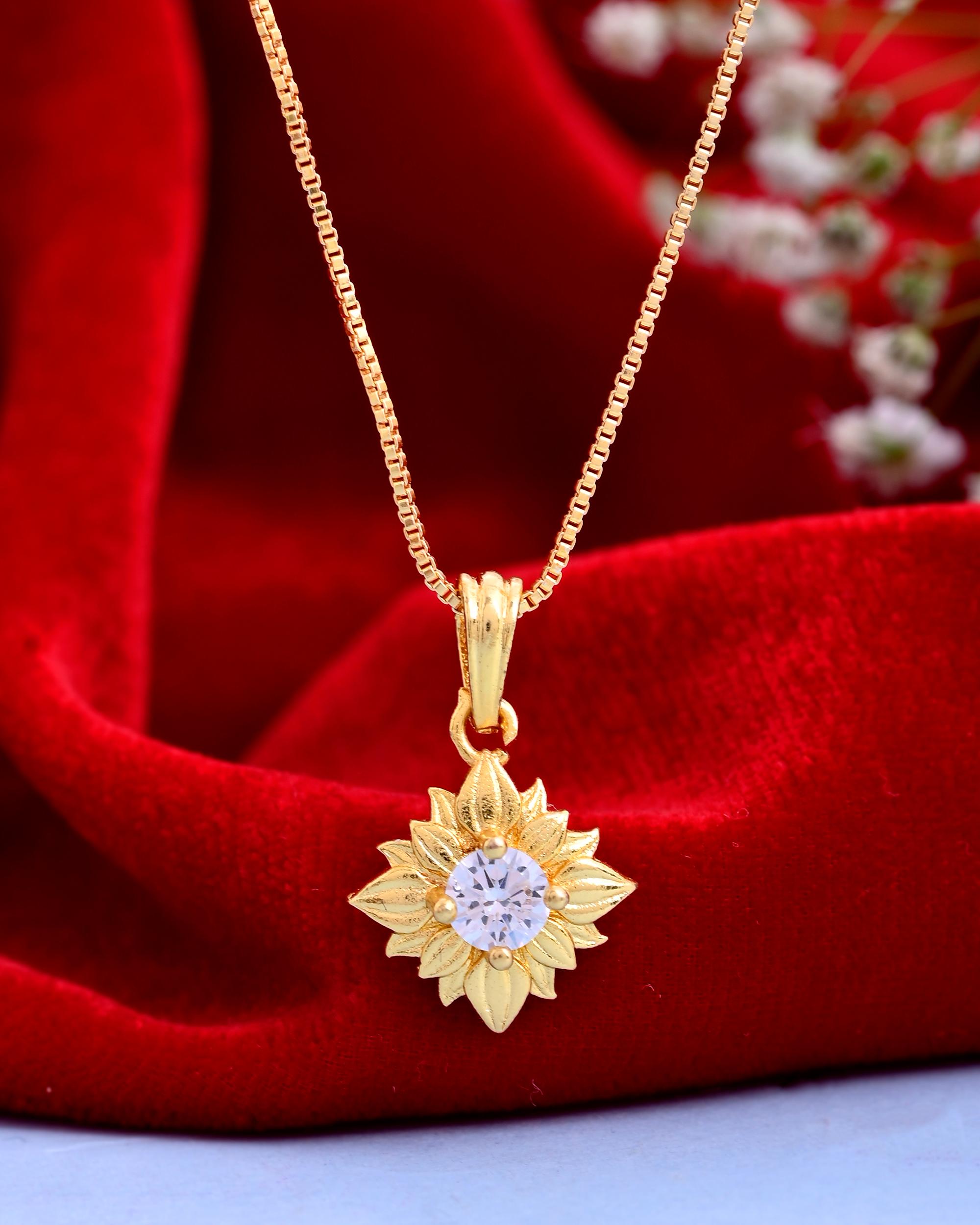 VOJ Gold-Polished Flower Shaped Ad Studded Pendant With Chain - Distacart