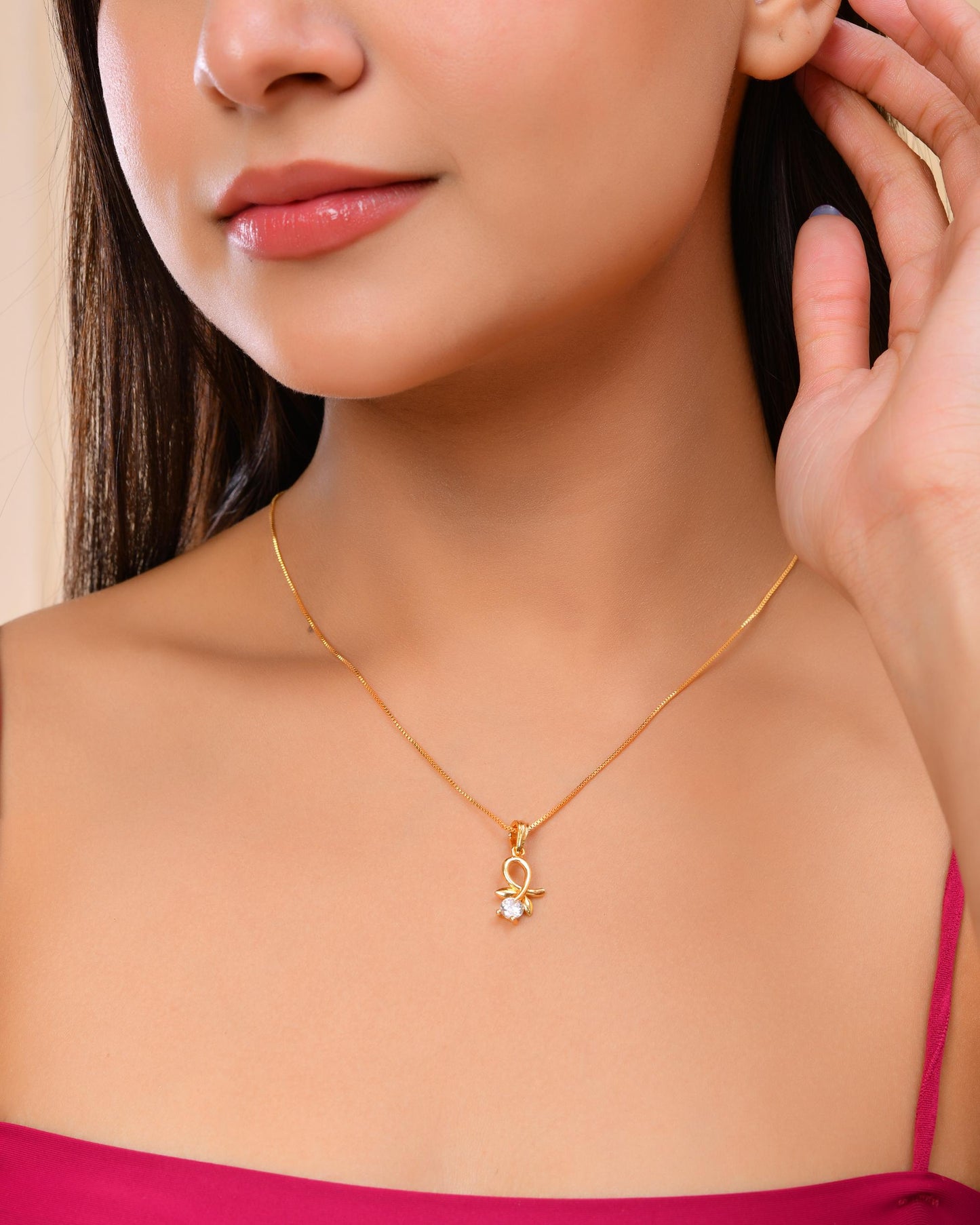 VOJ Gold-Polished Flower Shaped Ad Studded Pendant With Chain - Distacart