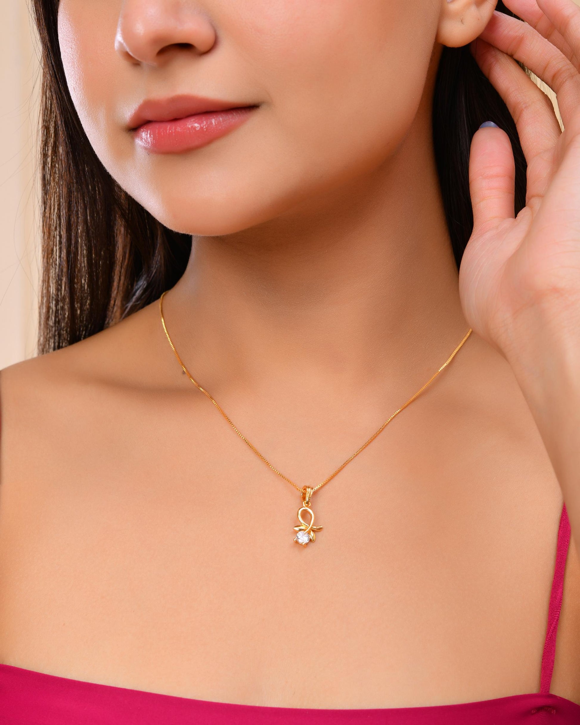 VOJ Gold-Polished Flower Shaped Ad Studded Pendant With Chain - Distacart