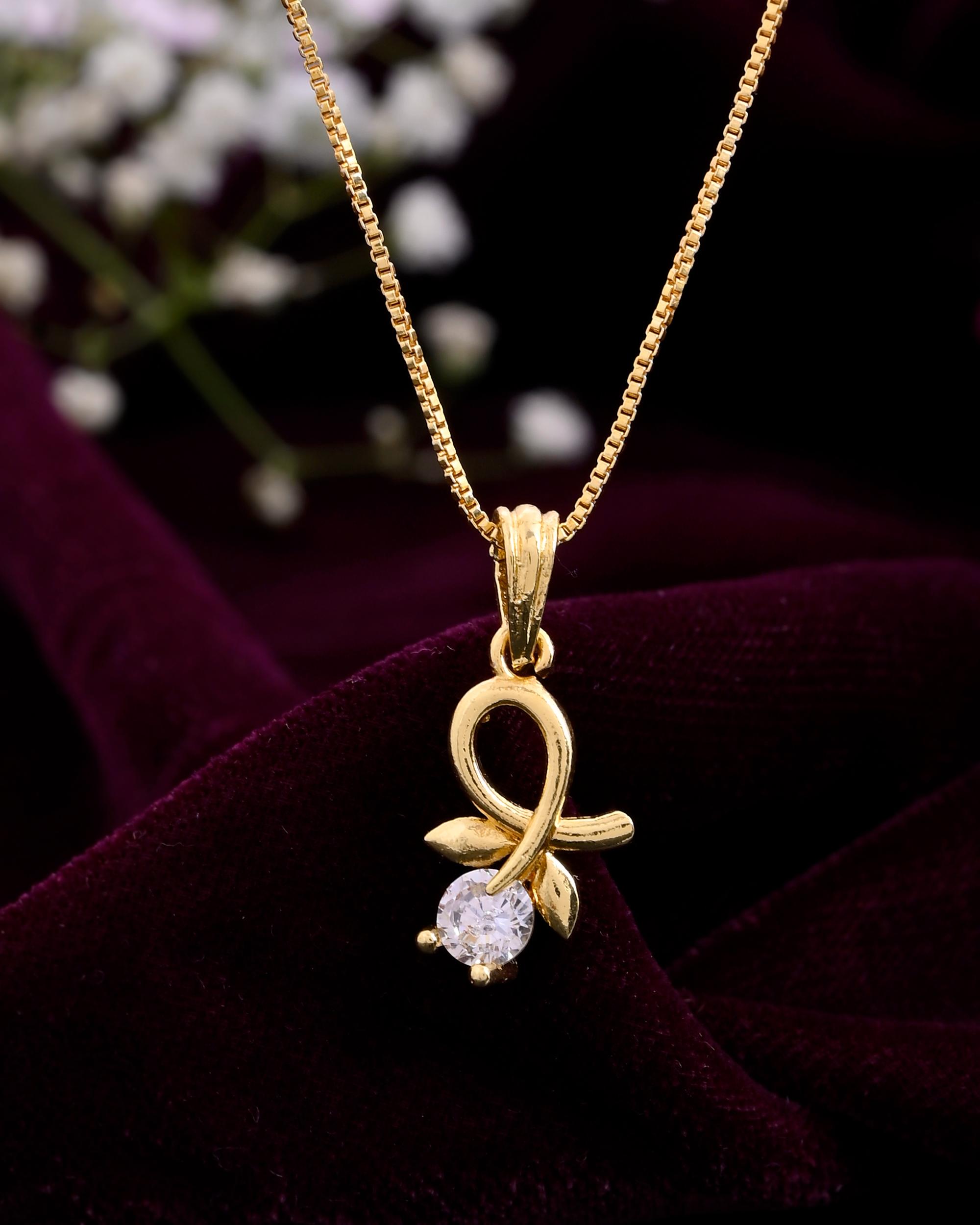 VOJ Gold-Polished Flower Shaped Ad Studded Pendant With Chain - Distacart