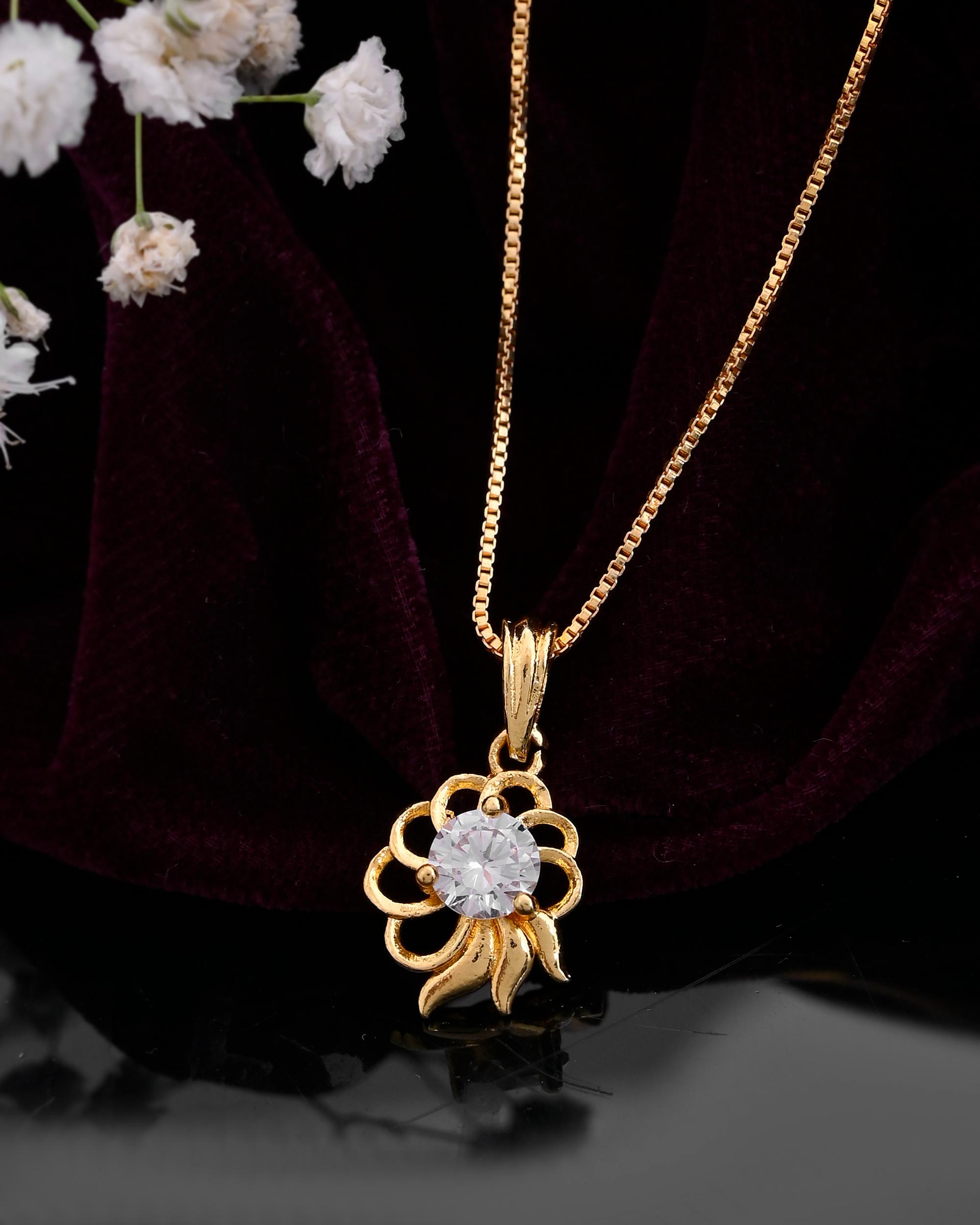 VOJ Gold-Polished Flower Shaped Ad Studded Pendant With Chain - Distacart