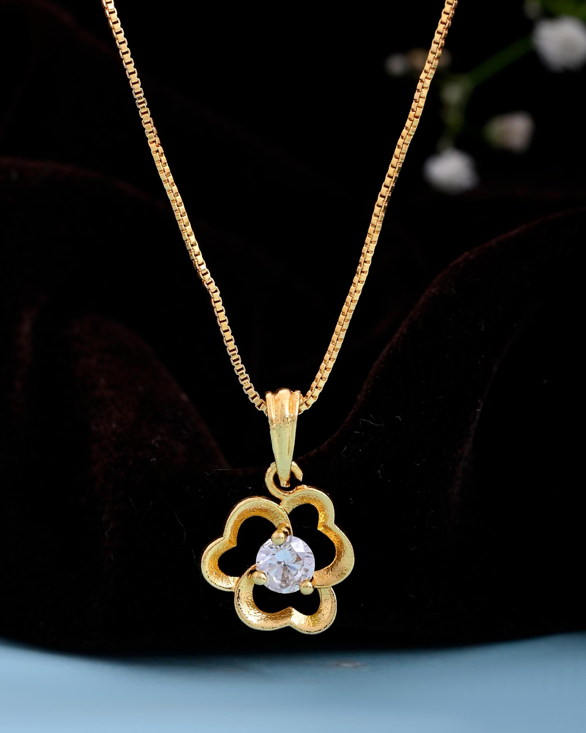 VOJ Gold-Polished Flower Shaped Ad Studded Pendant With Chain - Distacart