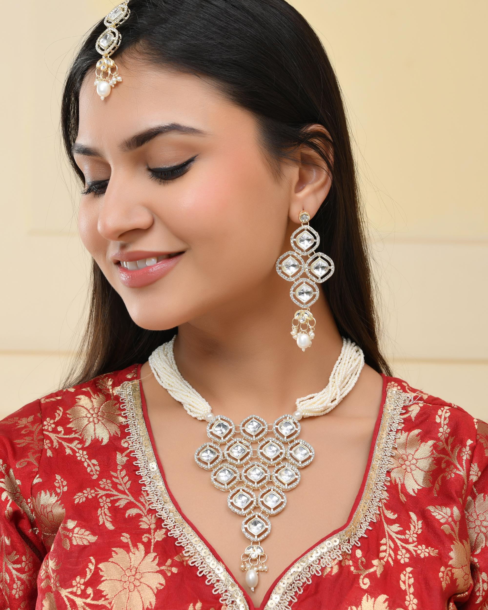 VOJ Gold-Polished Stone With White Beaded Long Jewellery Set - Distacart