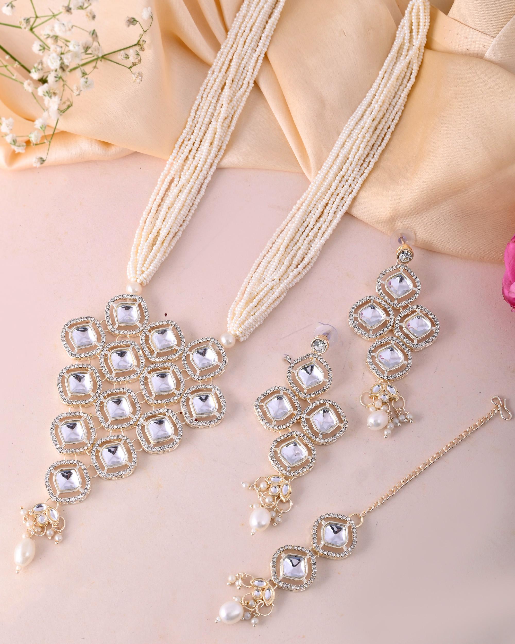 VOJ Gold-Polished Stone With White Beaded Long Jewellery Set - Distacart