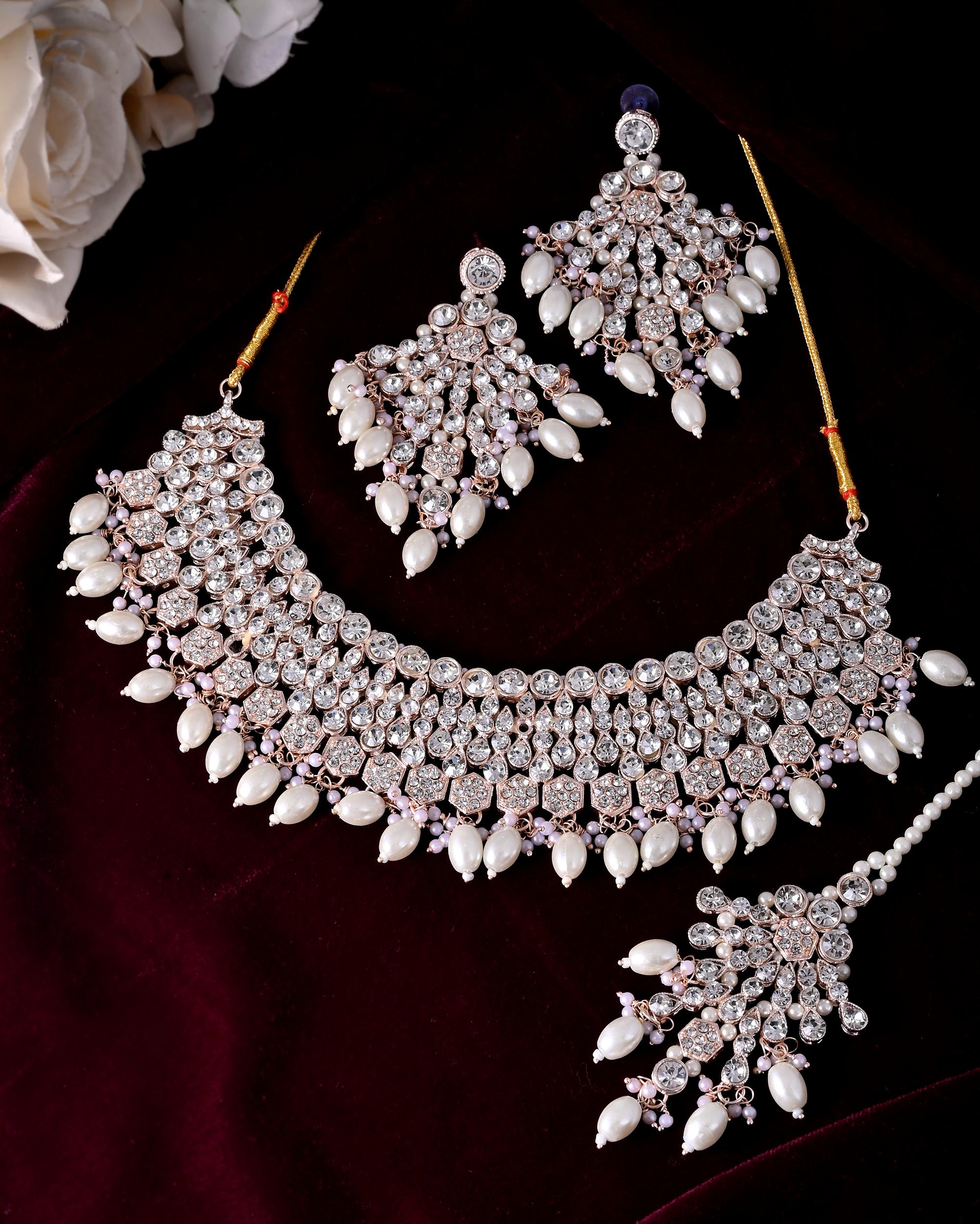 VOJ Gold-Polished Stone Studded Choker Jewellery Set With Maang Tikka - Distacart