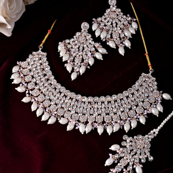 VOJ Gold-Polished Stone Studded Choker Jewellery Set With Maang Tikka - Distacart