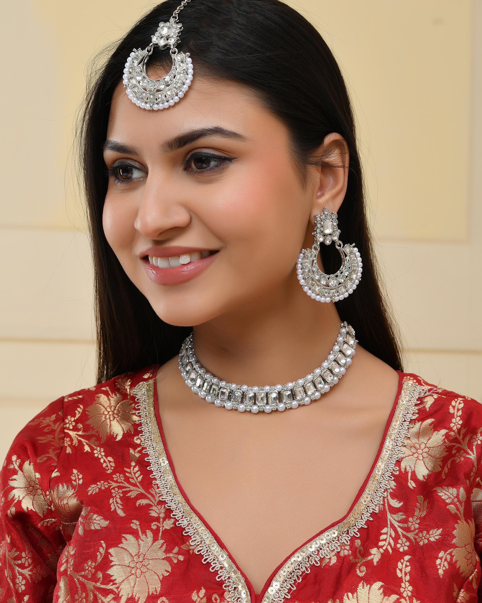 VOJ Silver Plated Stone Studded Jewellery Set With Maang Tikka - Distacart