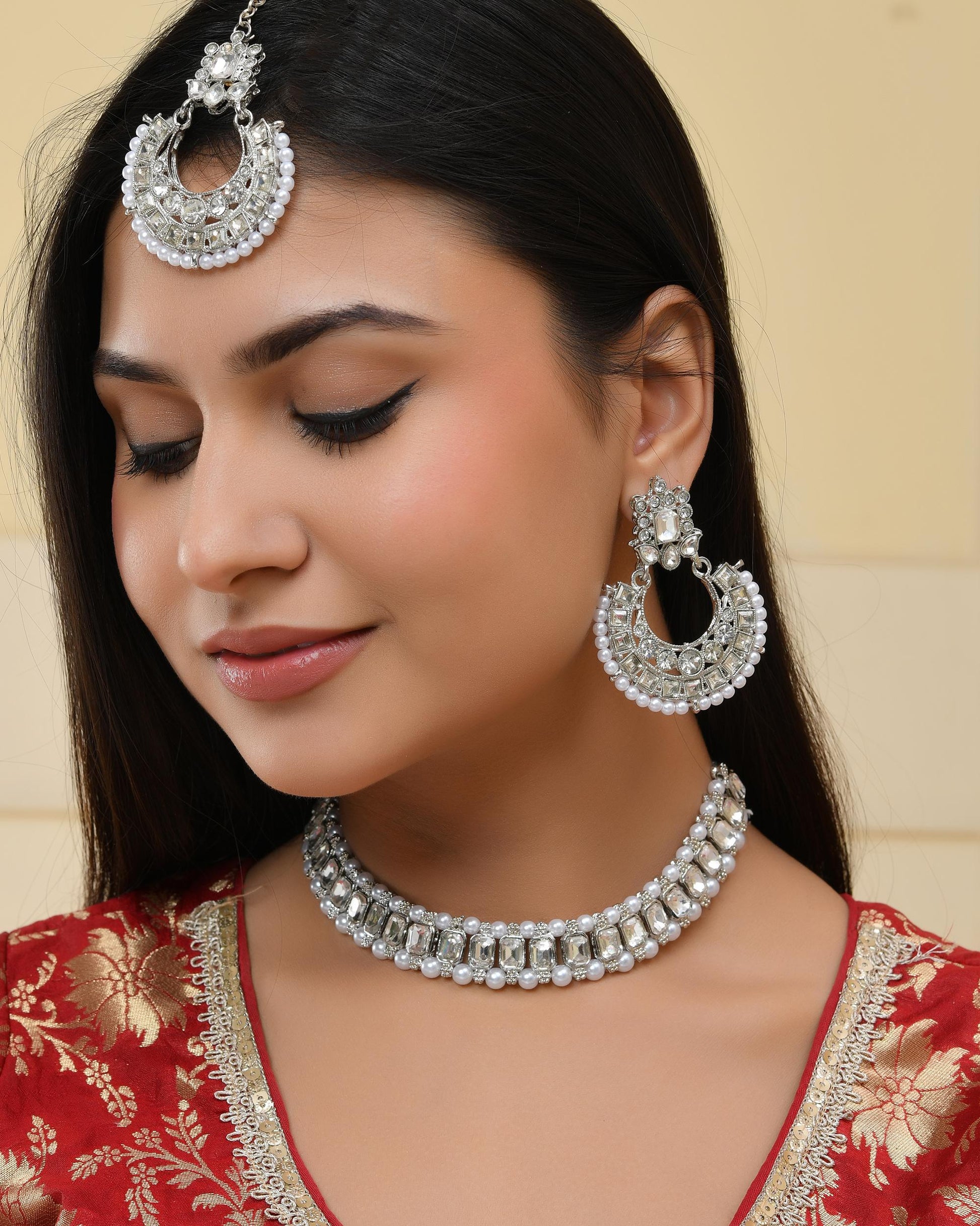VOJ Silver Plated Stone Studded Jewellery Set With Maang Tikka - Distacart