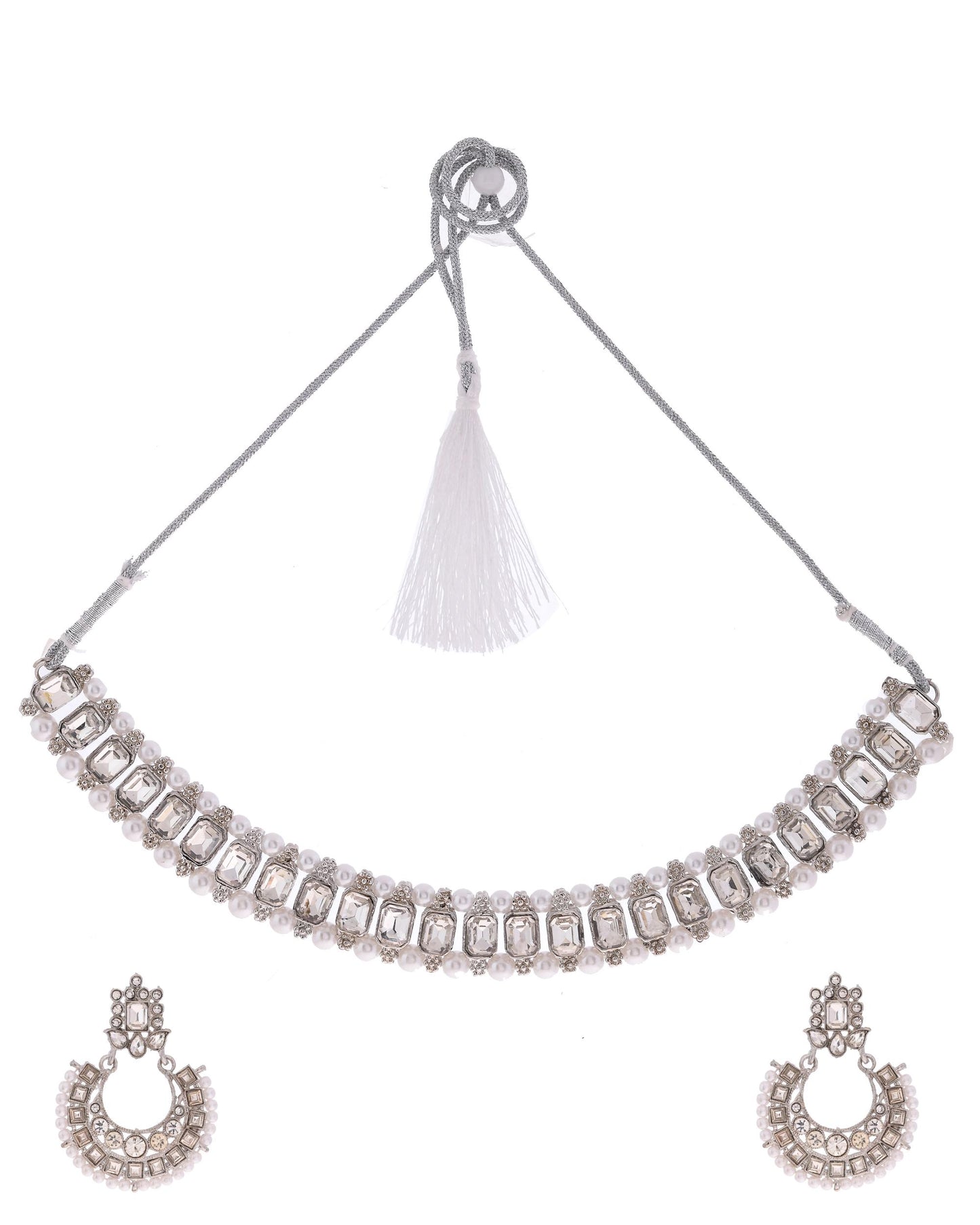 VOJ Silver Plated Stone Studded Jewellery Set With Maang Tikka - Distacart