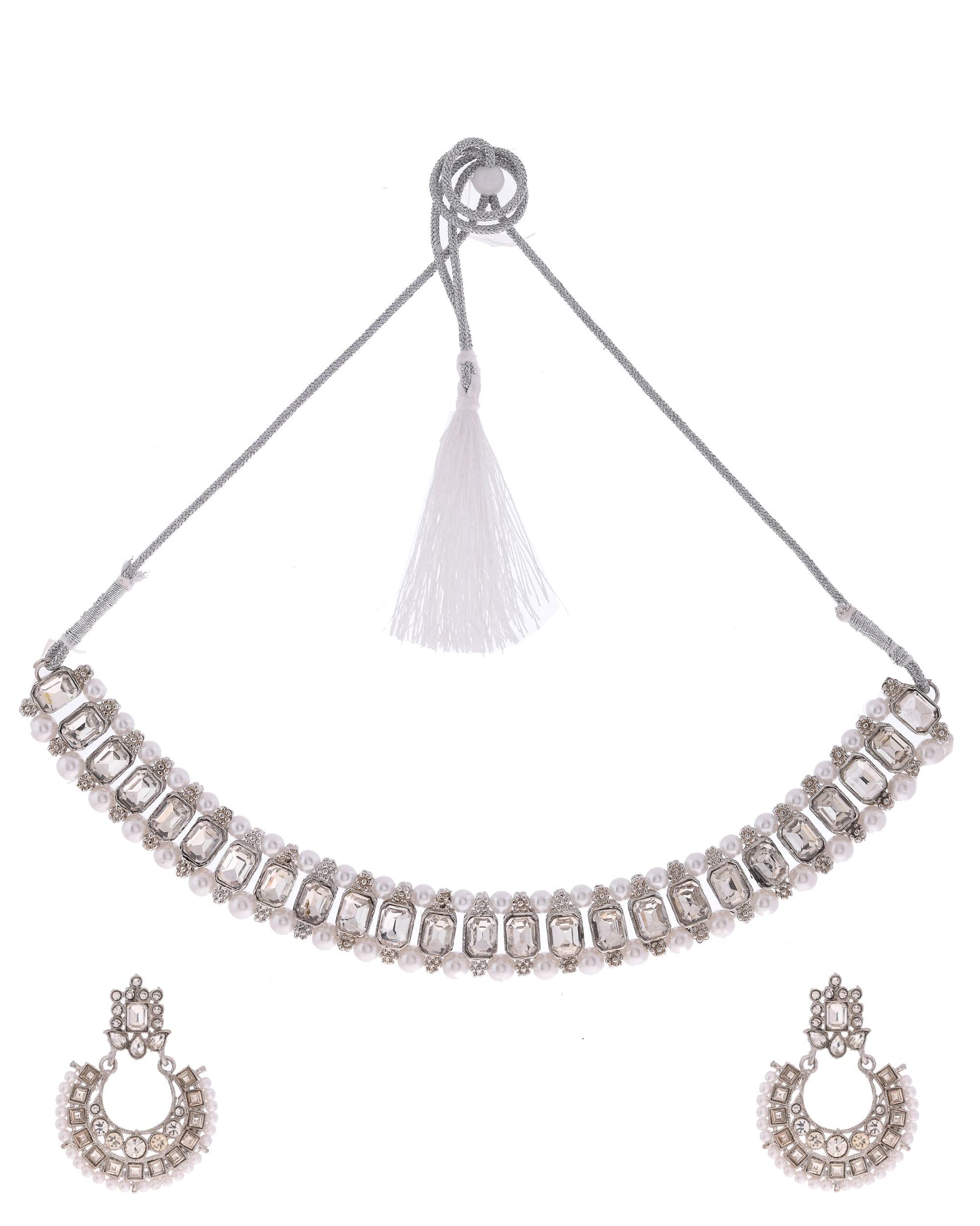 VOJ Silver Plated Stone Studded Jewellery Set With Maang Tikka - Distacart