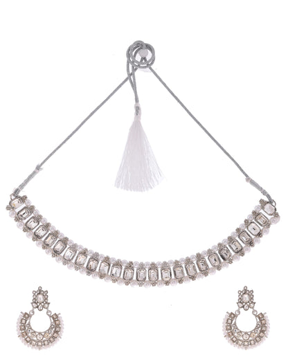 VOJ Silver Plated Stone Studded Jewellery Set With Maang Tikka - Distacart