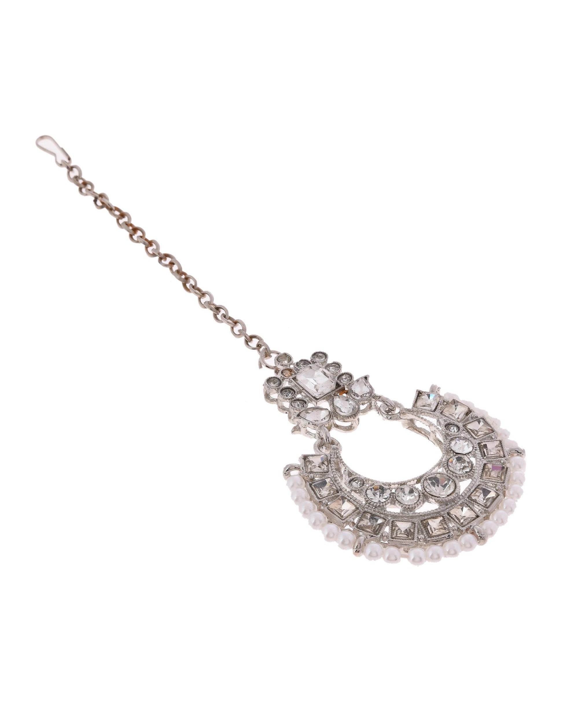 VOJ Silver Plated Stone Studded Jewellery Set With Maang Tikka - Distacart