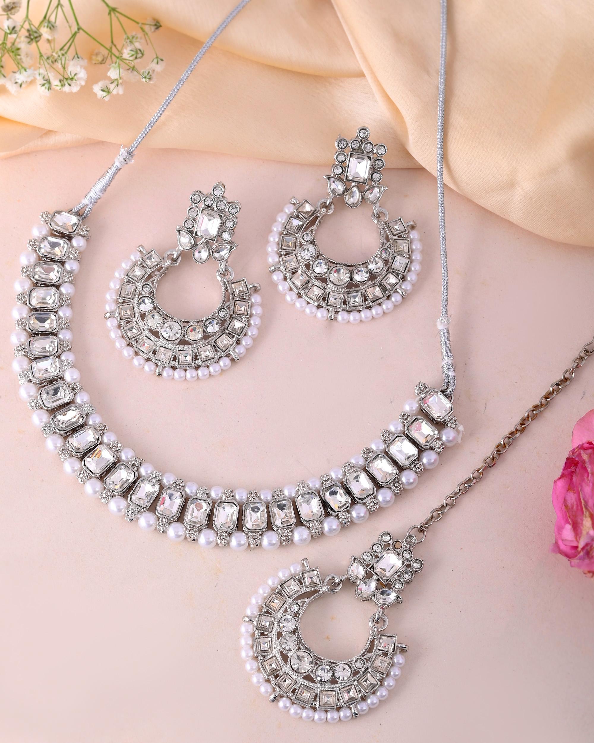 VOJ Silver Plated Stone Studded Jewellery Set With Maang Tikka - Distacart