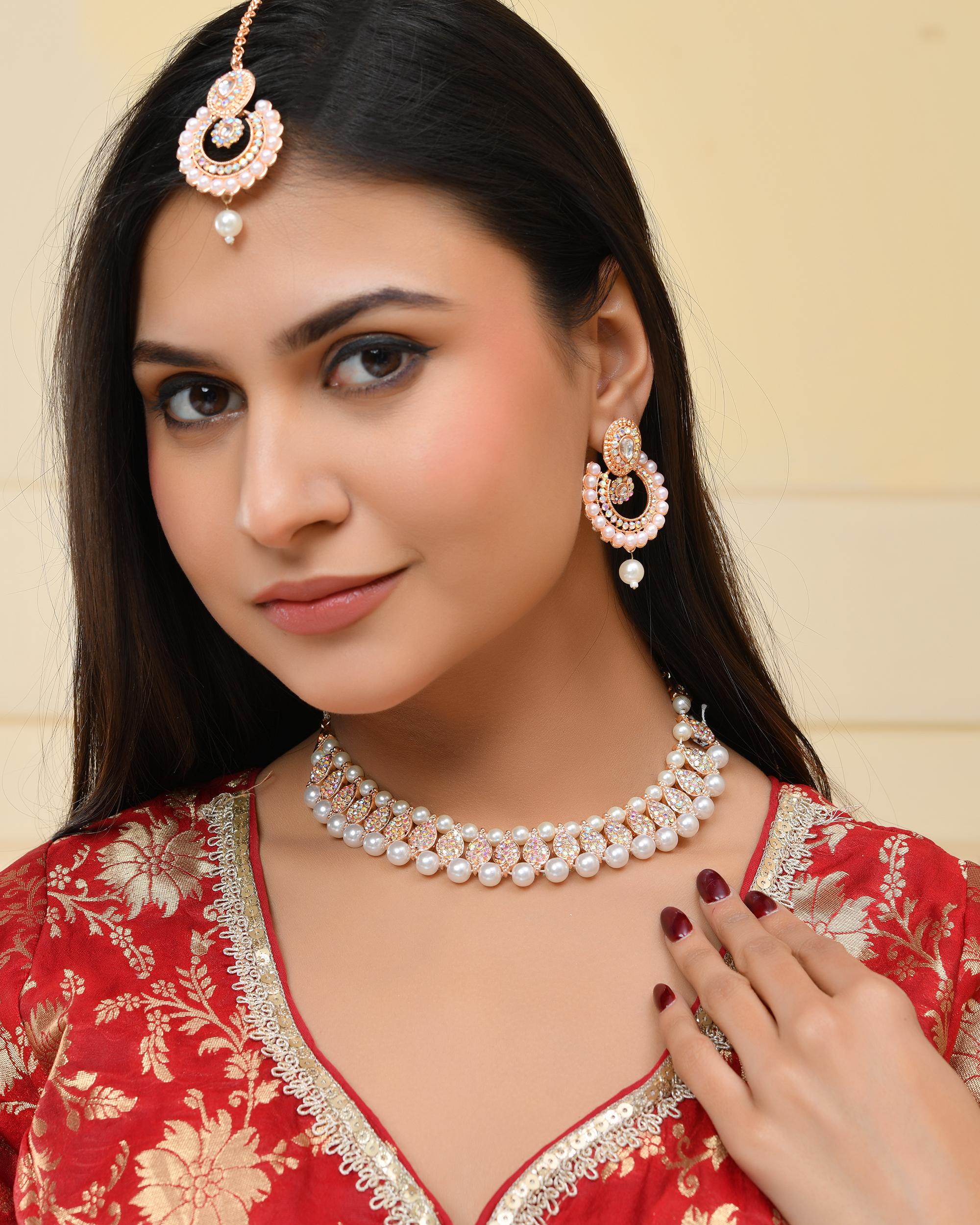 VOJ Gold-Polished Stone And White Beaded Choker Jewellery Set With Maang Tikka - Distacart