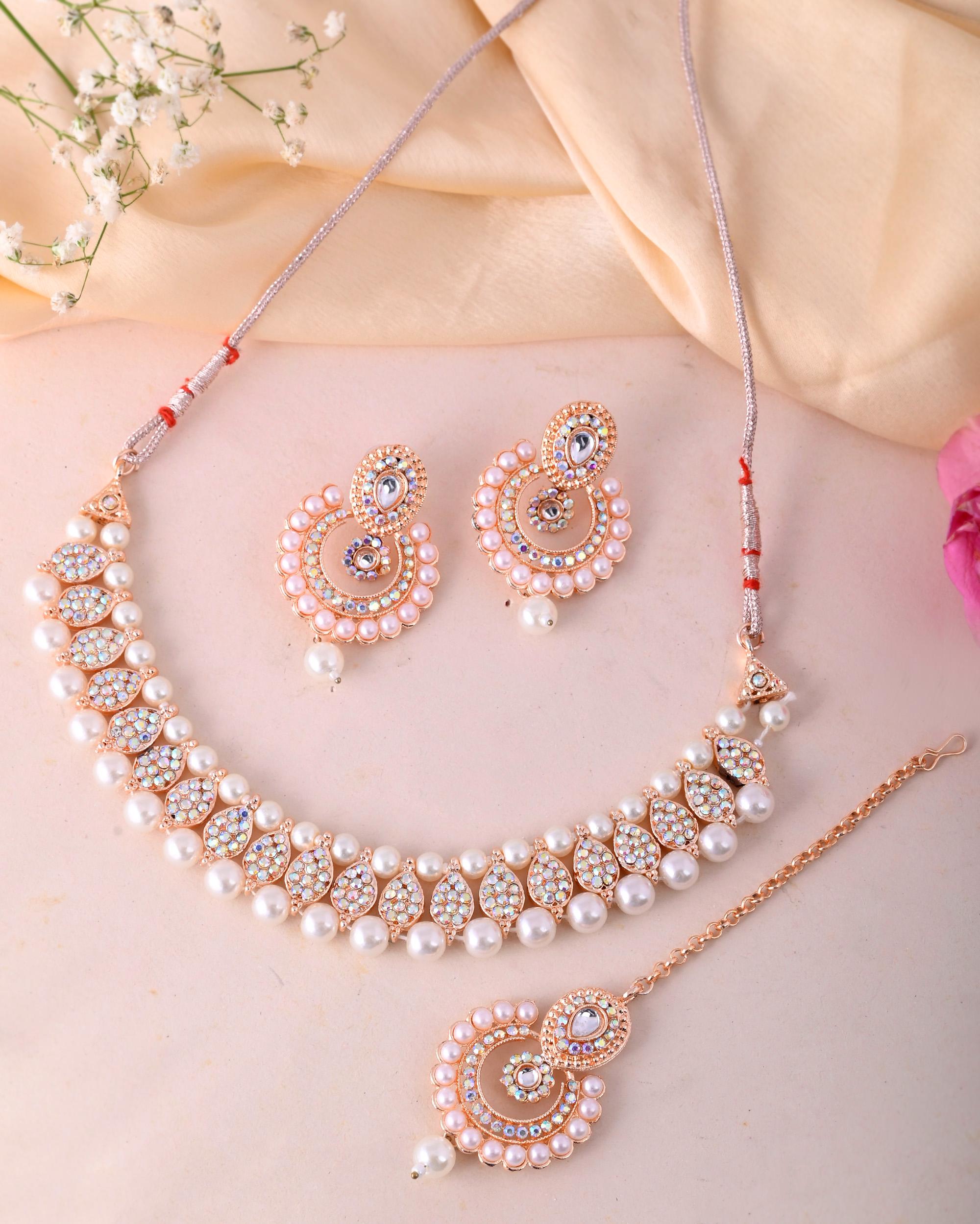 VOJ Gold-Polished Stone And White Beaded Choker Jewellery Set With Maang Tikka - Distacart