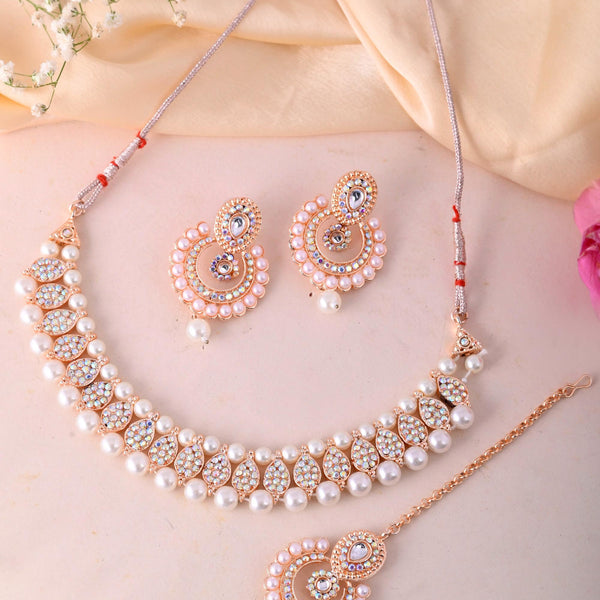 VOJ Gold-Polished Stone And White Beaded Choker Jewellery Set With Maang Tikka - Distacart