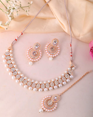 VOJ Gold-Polished Stone And White Beaded Choker Jewellery Set With Maang Tikka - Distacart