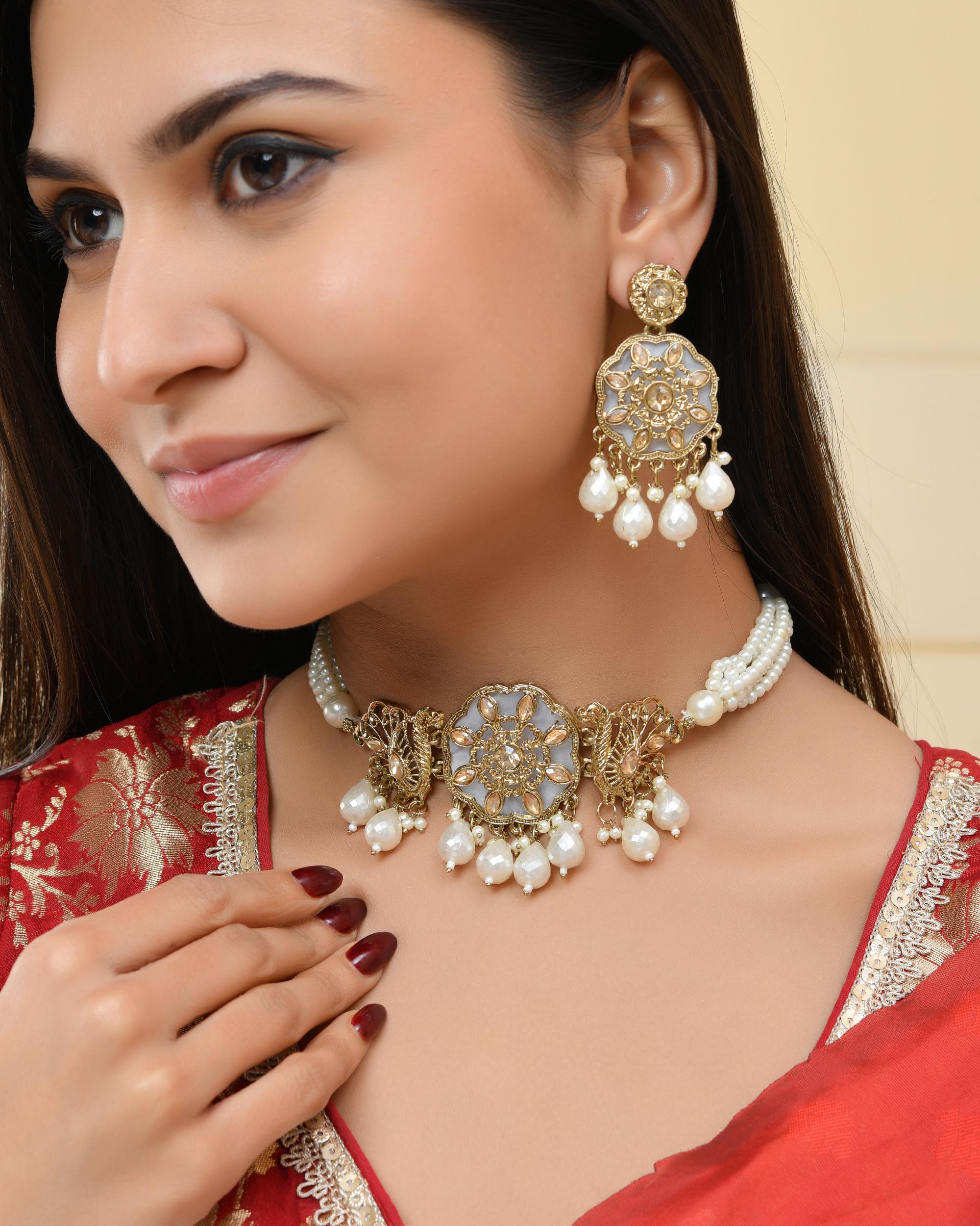 VOJ Gold-Polished Kundan And White Beaded Jewellery Set - Distacart