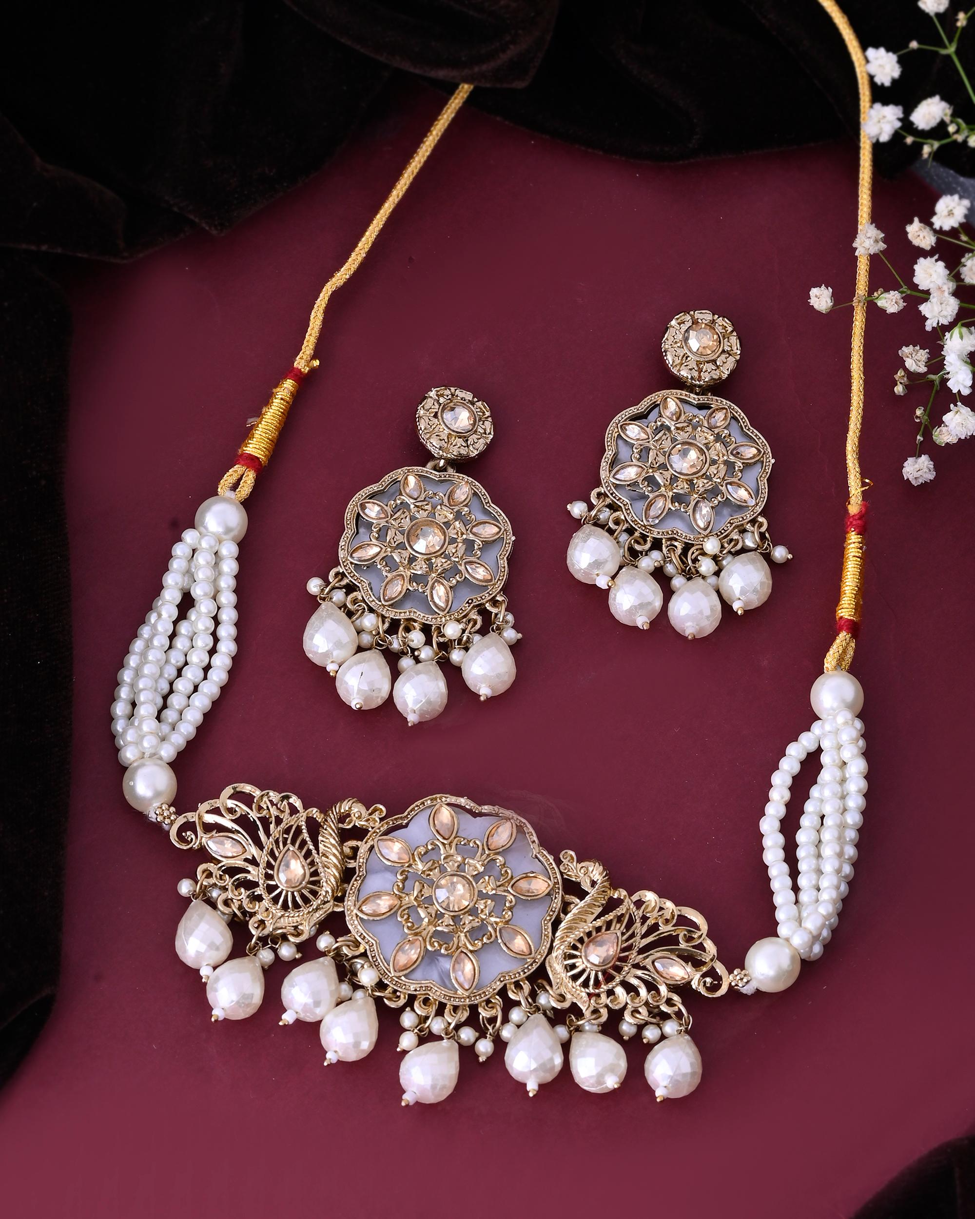 VOJ Gold-Polished Kundan And White Beaded Jewellery Set - Distacart