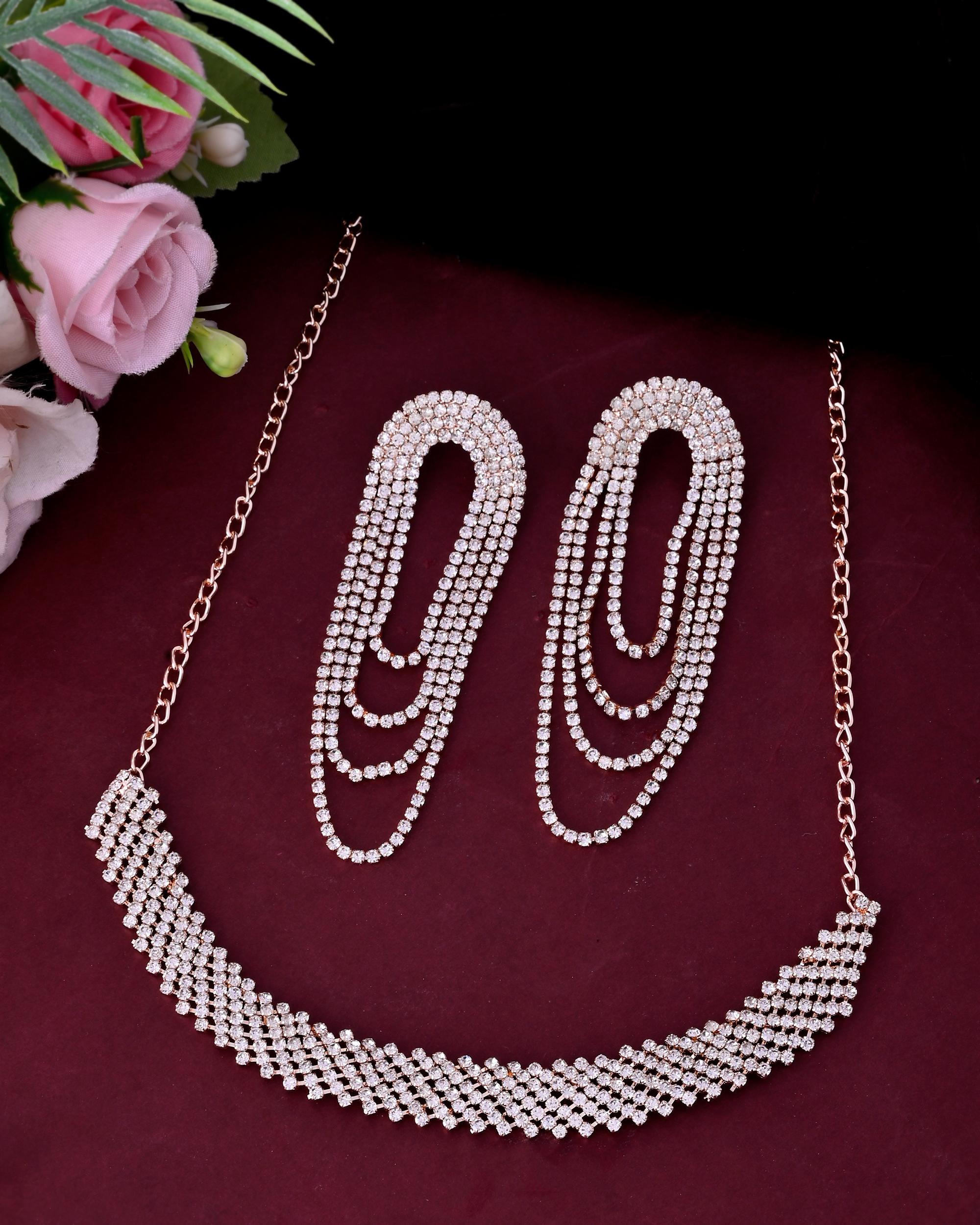 VOJ Gold-Polished Stone Studded Necklace With Earrings Set - Distacart