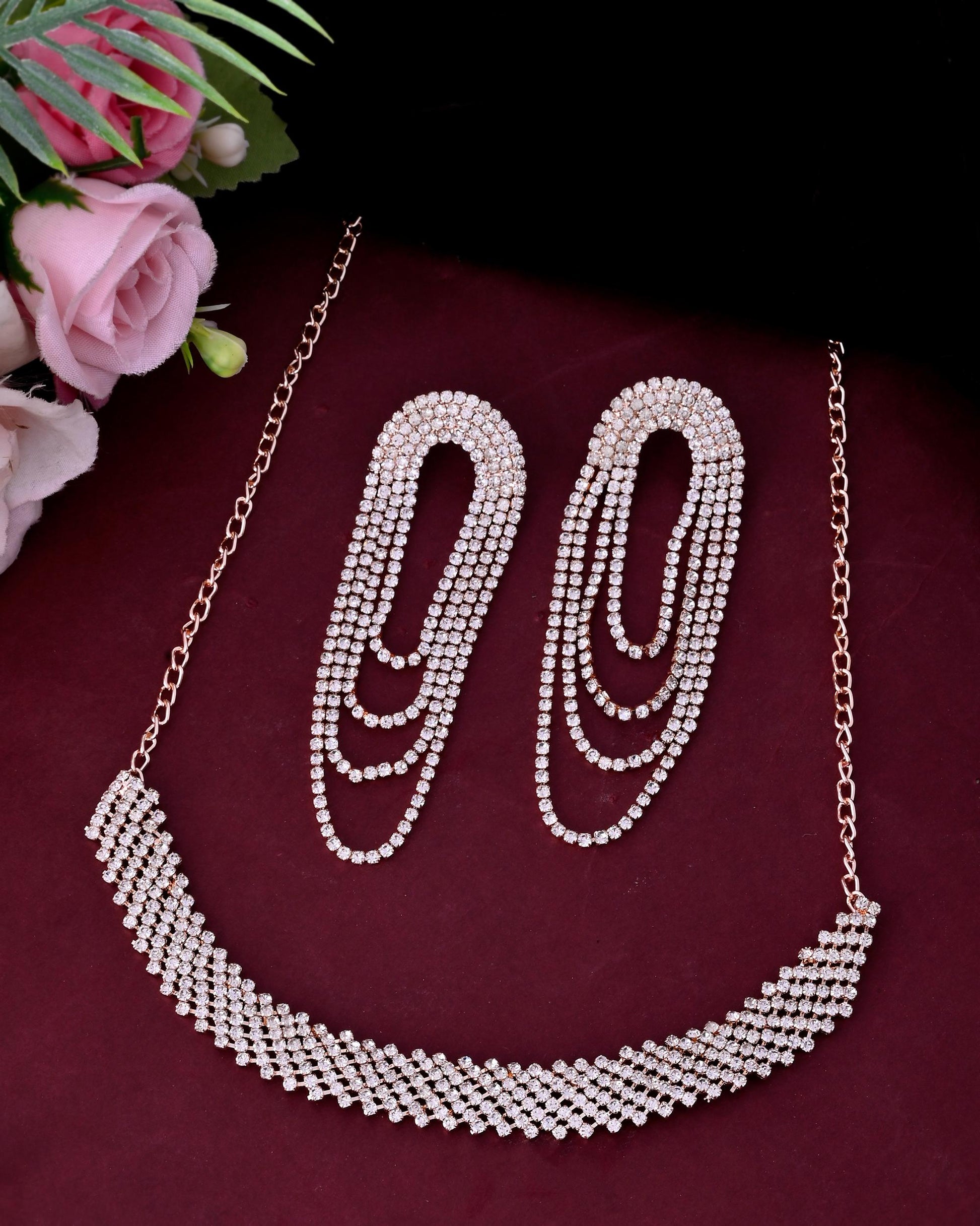 VOJ Gold-Polished Stone Studded Necklace With Earrings Set - Distacart