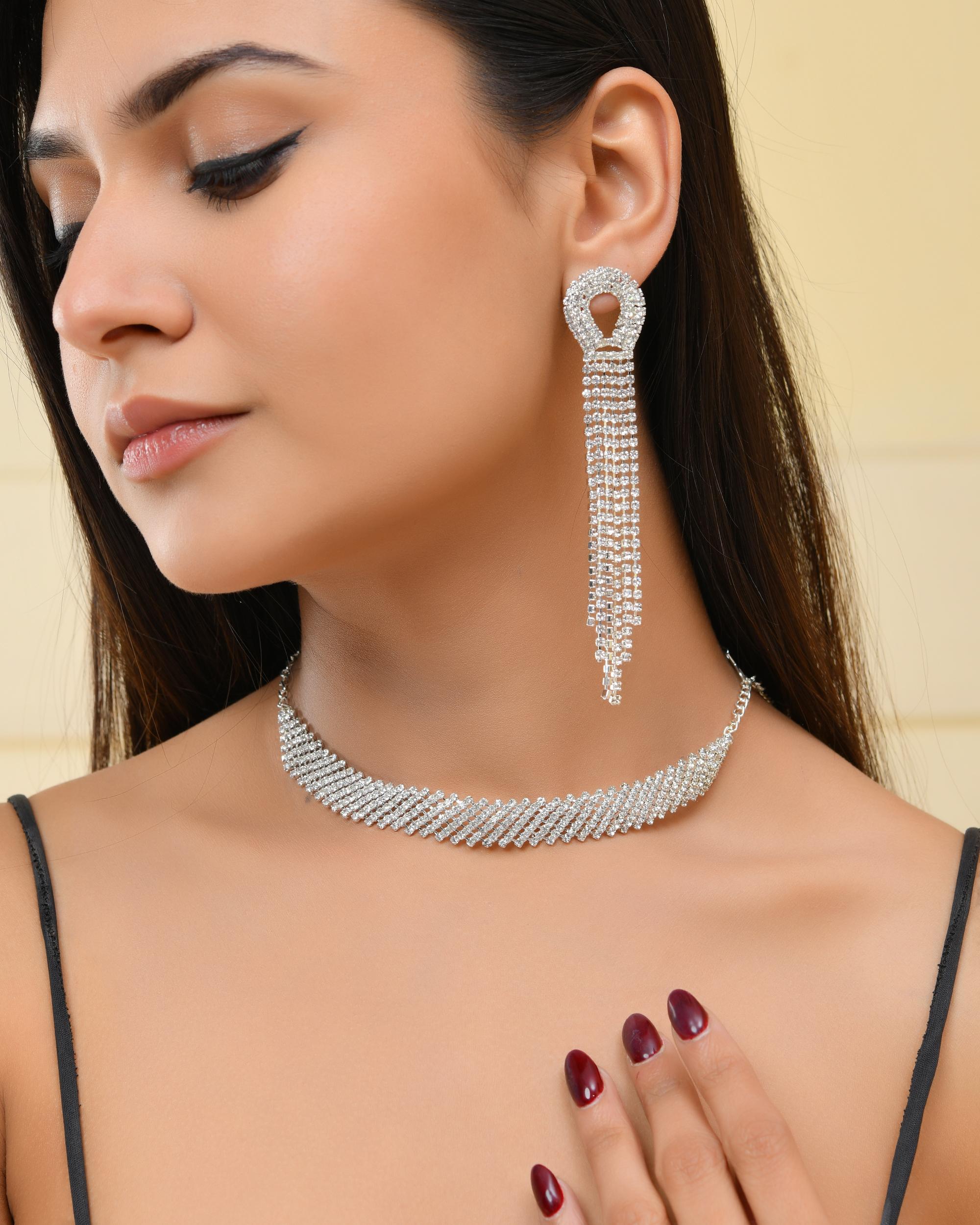 VOJ Silver Plated Stone Studded Necklace With Earrings Set - Distacart