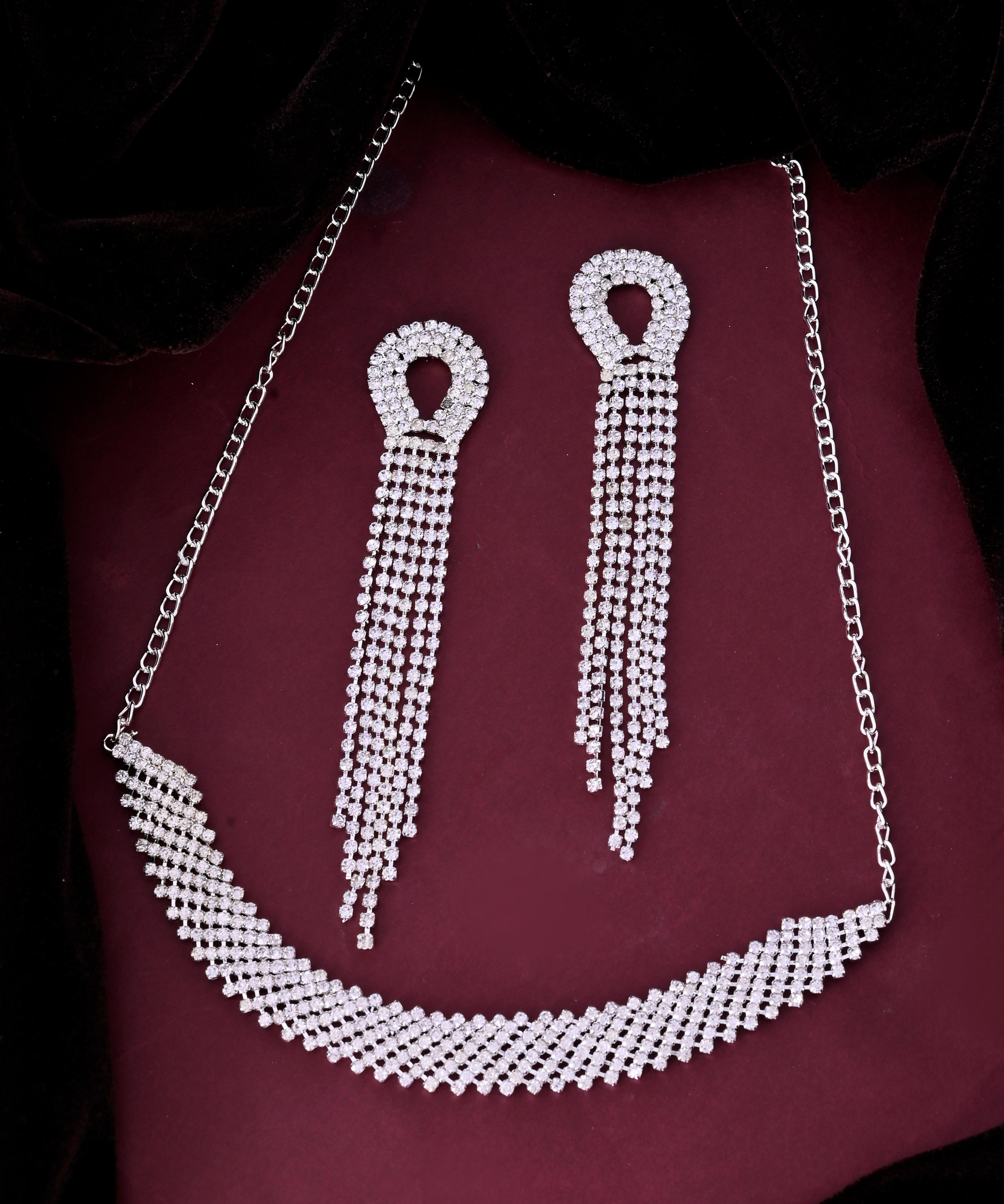 VOJ Silver Plated Stone Studded Necklace With Earrings Set - Distacart