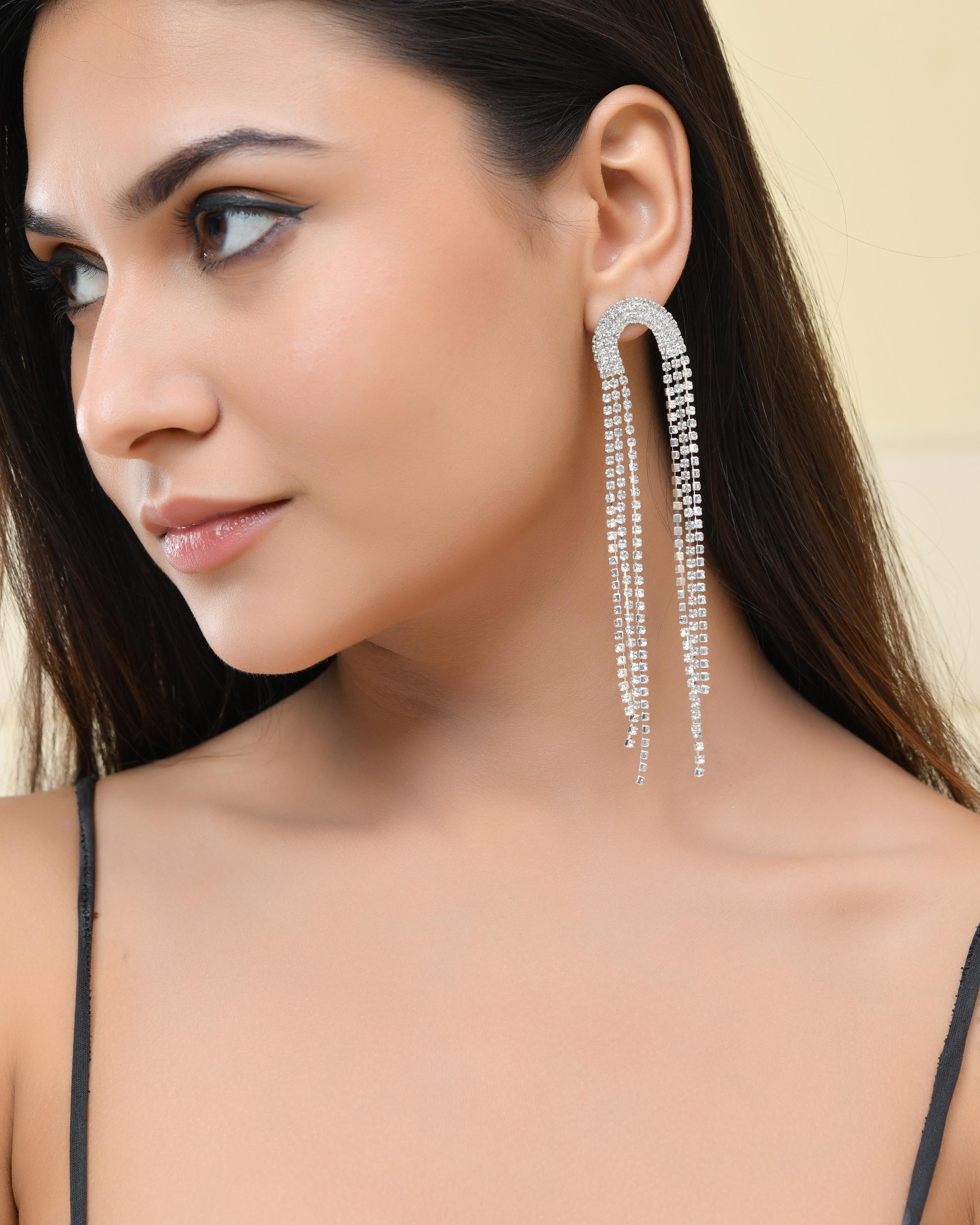 VOJ Silver-Plated Crystals Stone Studded Contemporary Drop Earrings - Distacart