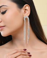 Thumbnail for VOJ Silver-Plated Crystals Stone Studded Contemporary Drop Earrings - Distacart
