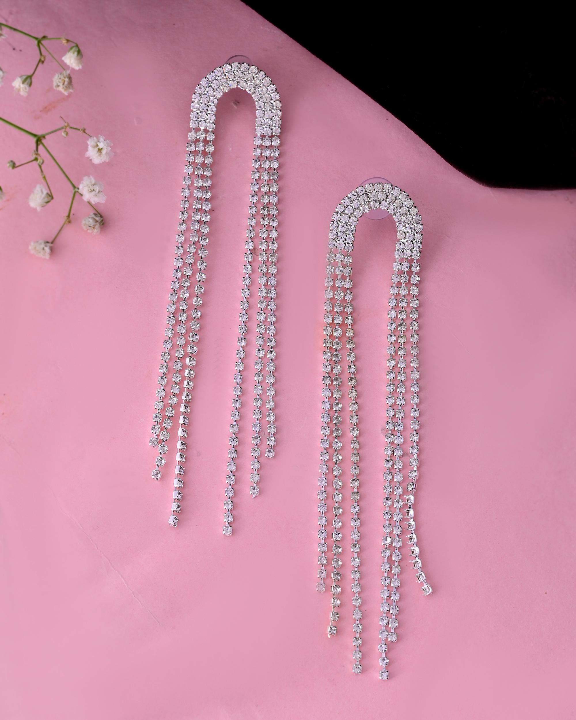 VOJ Silver-Plated Crystals Stone Studded Contemporary Drop Earrings - Distacart