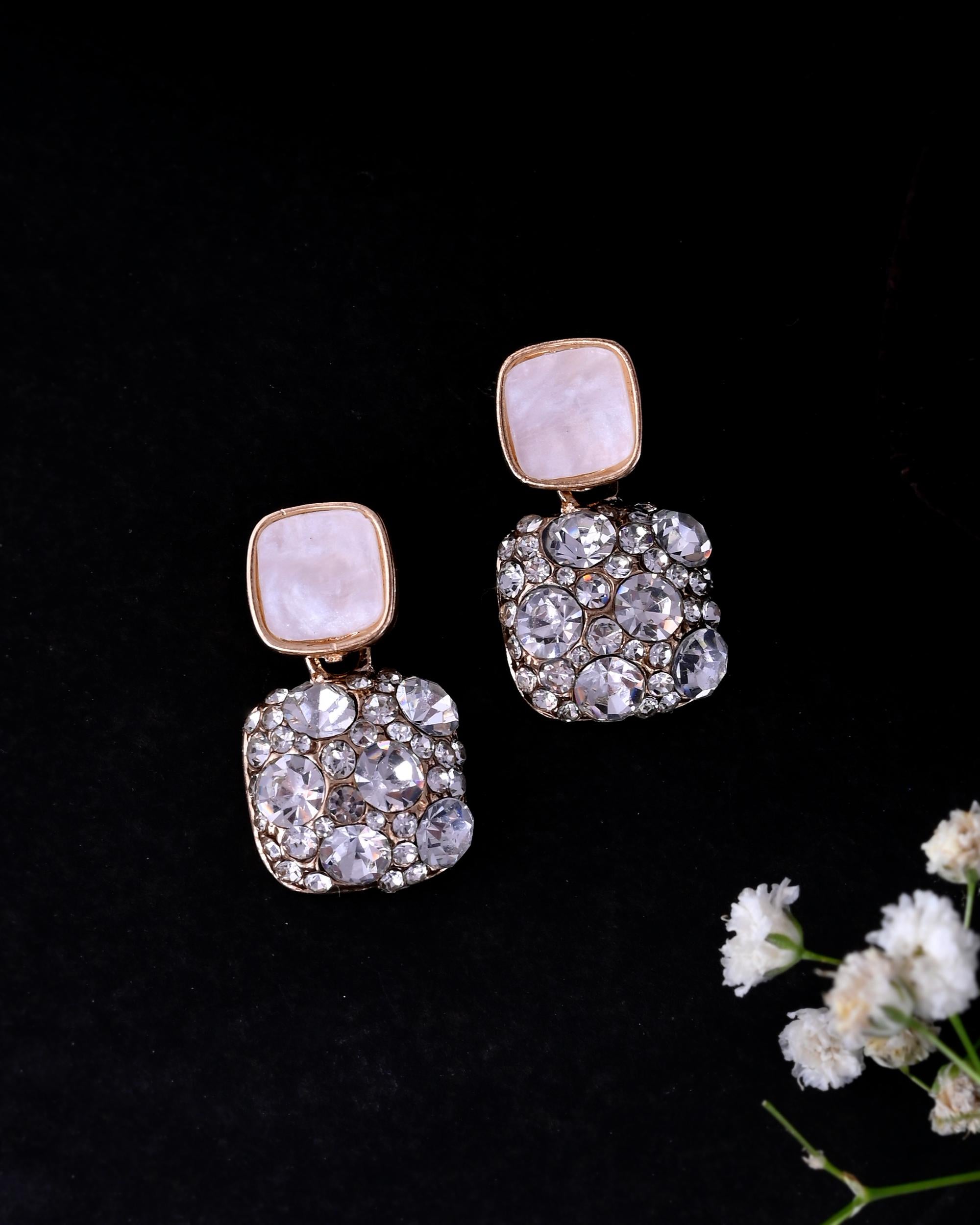 VOJ Stainless Steel Crystal Studded Square Shaped Studs - Distacart