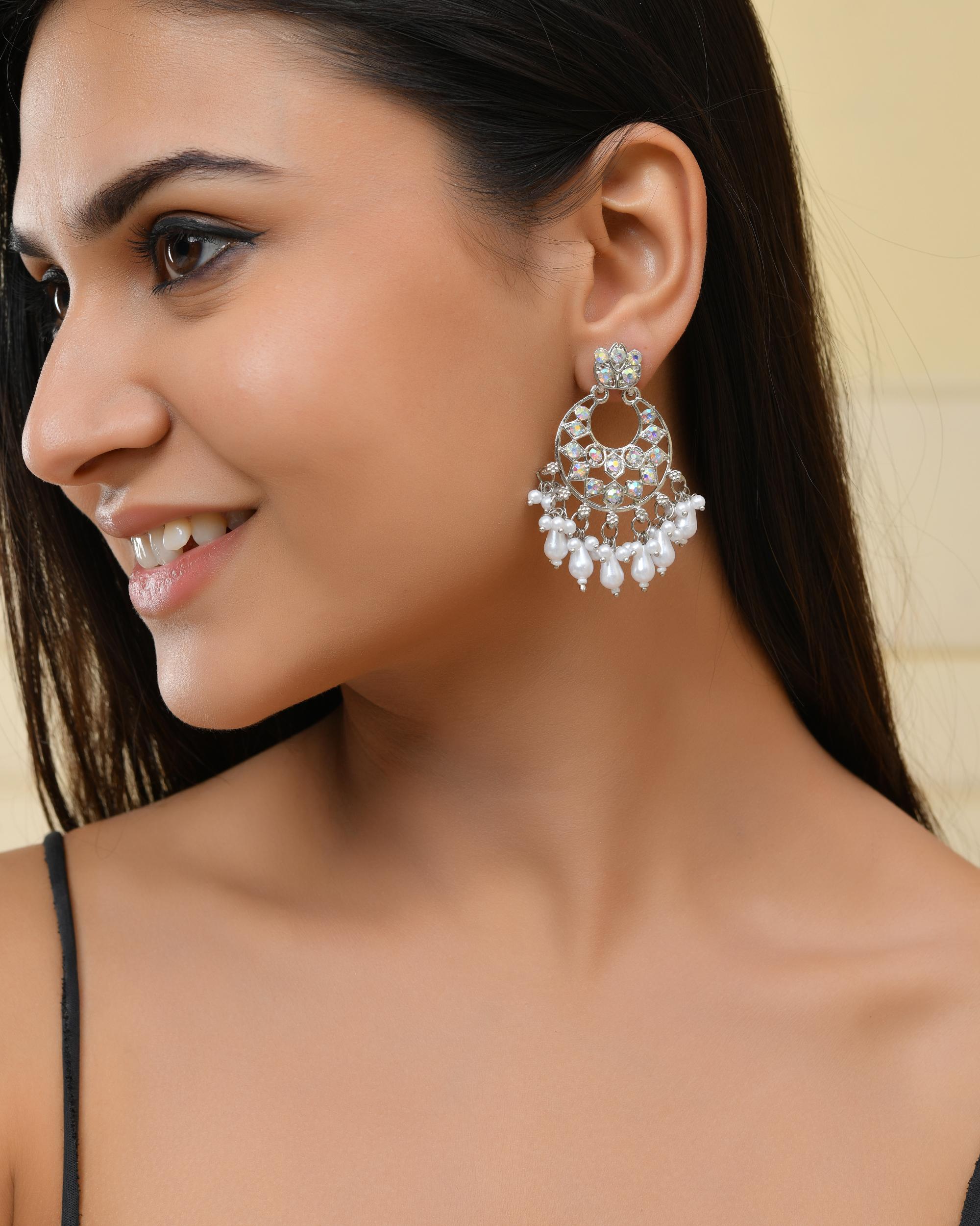 VOJ Silver Plated Stone Studded Studs Earrings - Distacart