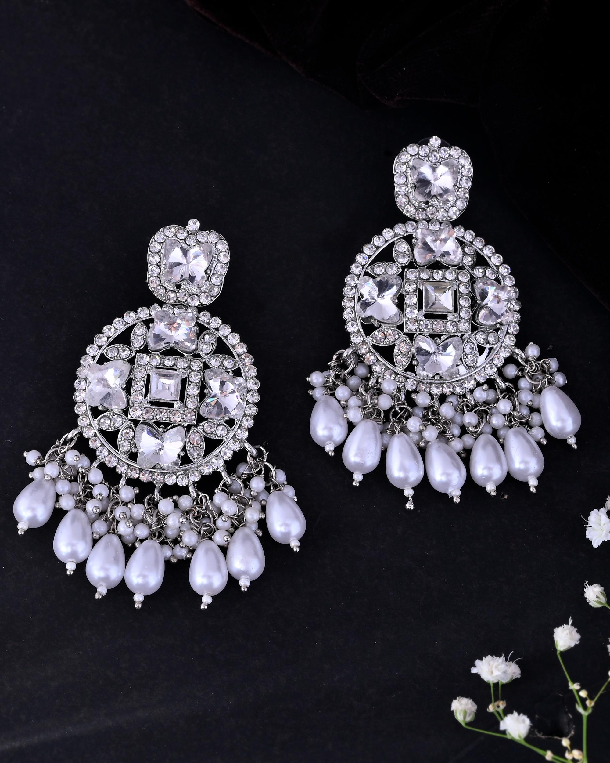 VOJ Silver Plated Stone Studded Crescent Shaped Earrings - Distacart