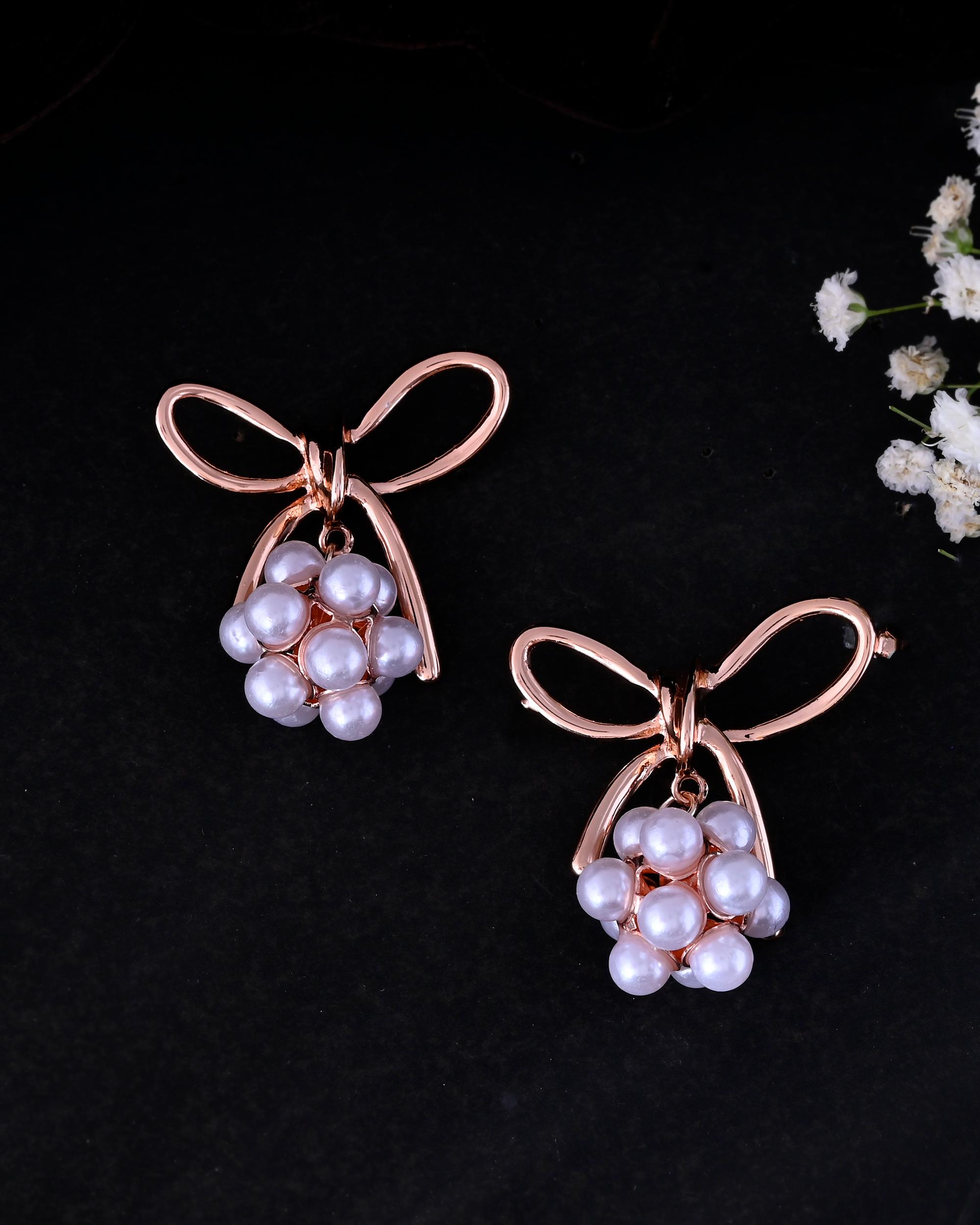 VOJ Rose Gold-Polished Pearl With Bow Shaped Designer Earrings - Distacart