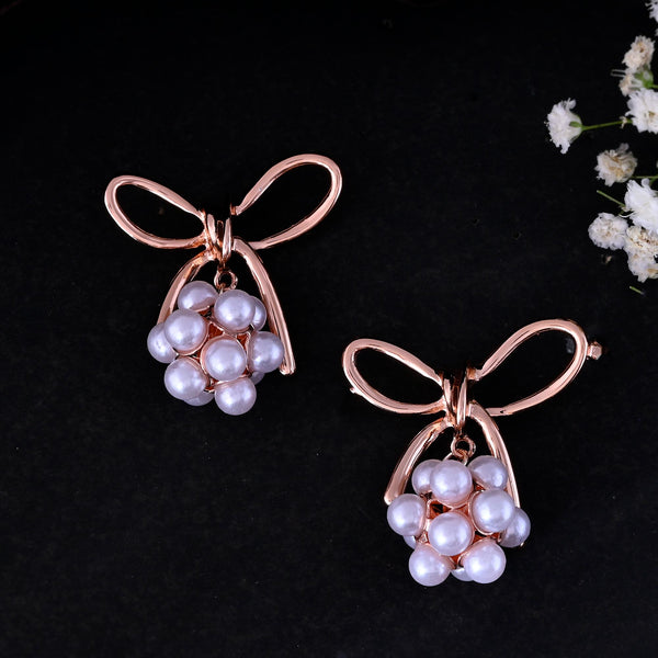VOJ Rose Gold-Polished Pearl With Bow Shaped Designer Earrings - Distacart