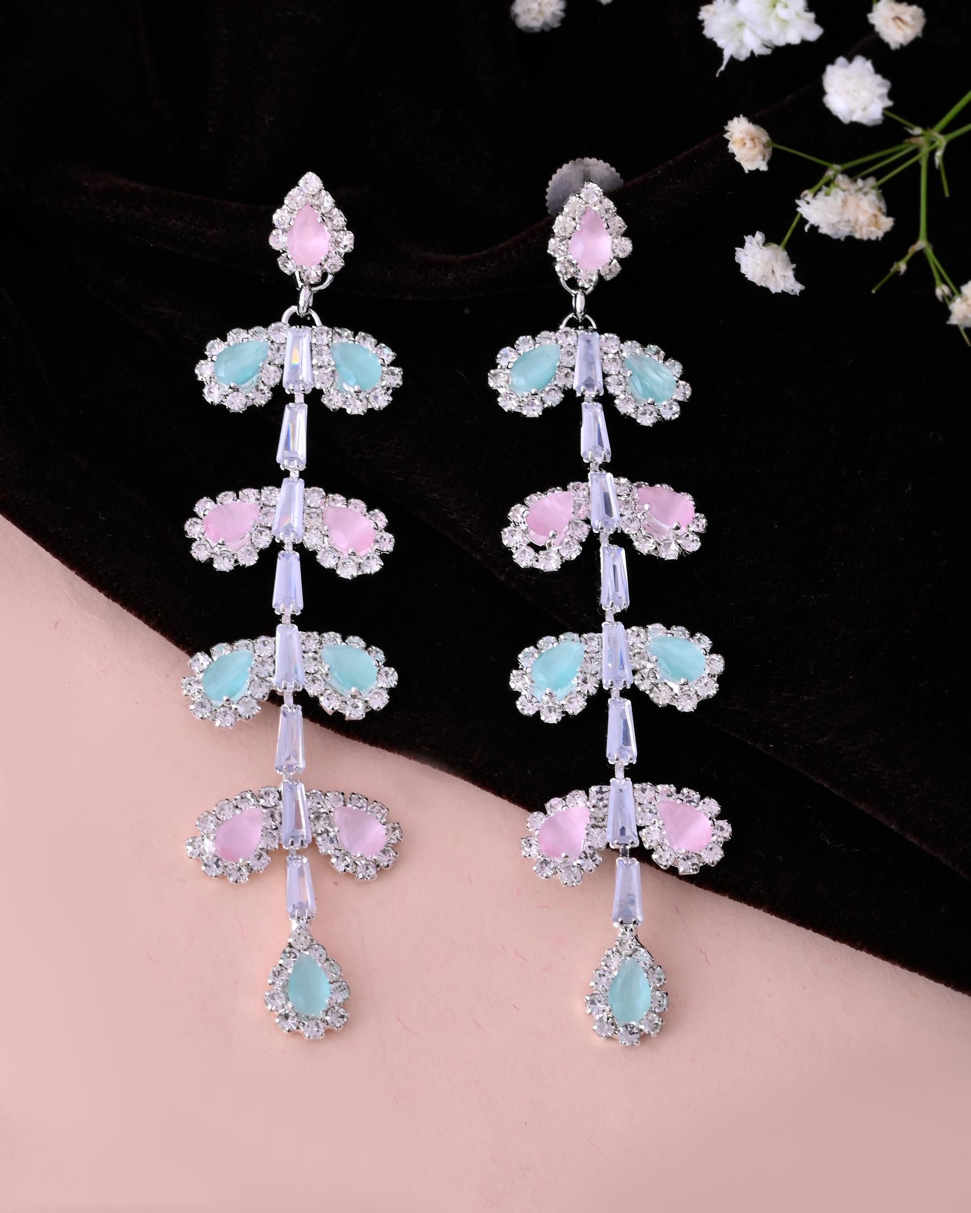 VOJ Silver-Toned Mind Green And Pink Leaf Shaped Drop Earrings - Distacart