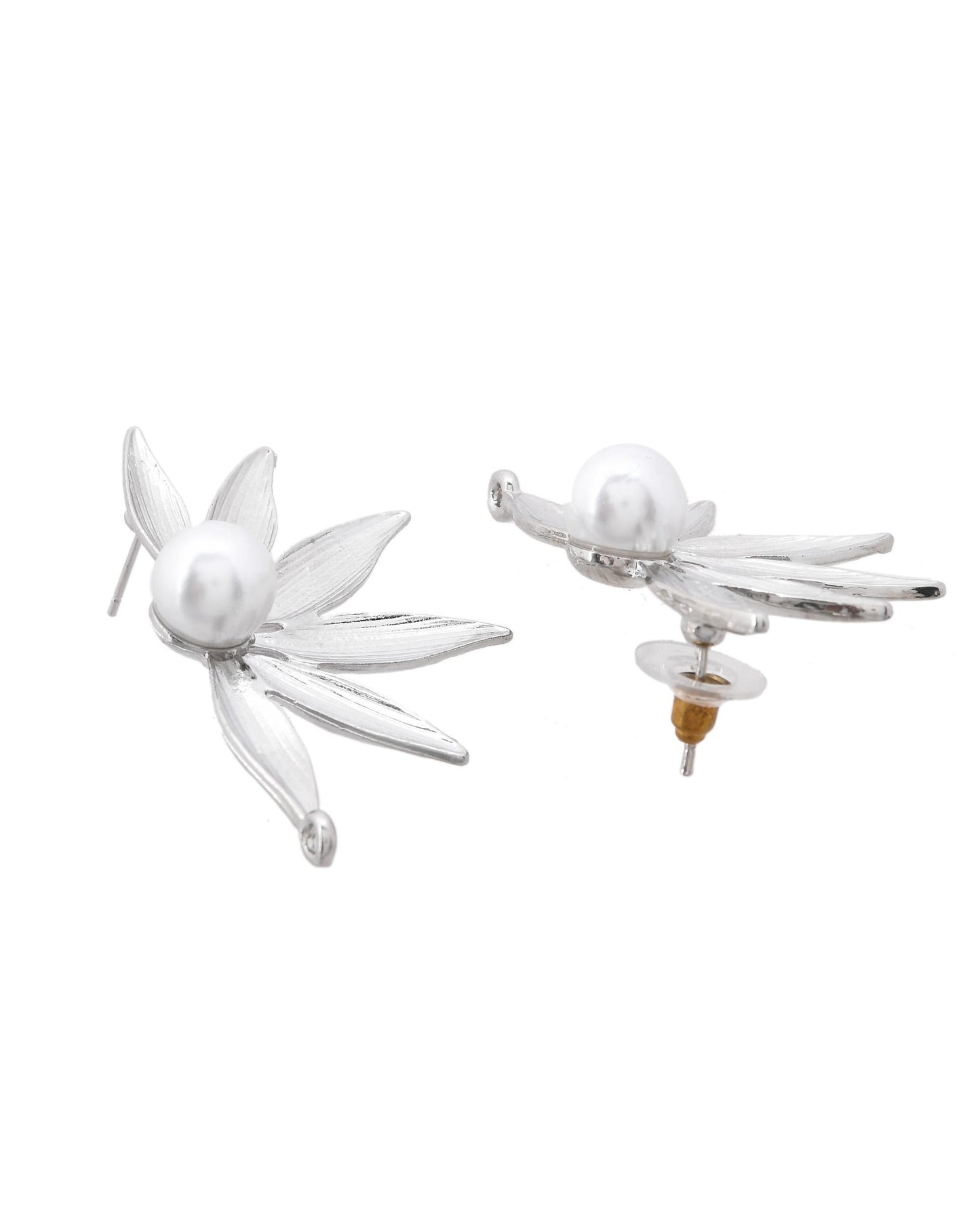 VOJ Silver Plated Stainless Steel Pearl Flower Shaped Studs - Distacart