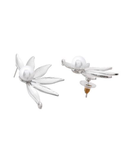 VOJ Silver Plated Stainless Steel Pearl Flower Shaped Studs - Distacart
