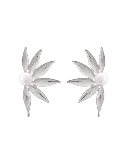 VOJ Silver Plated Stainless Steel Pearl Flower Shaped Studs - Distacart
