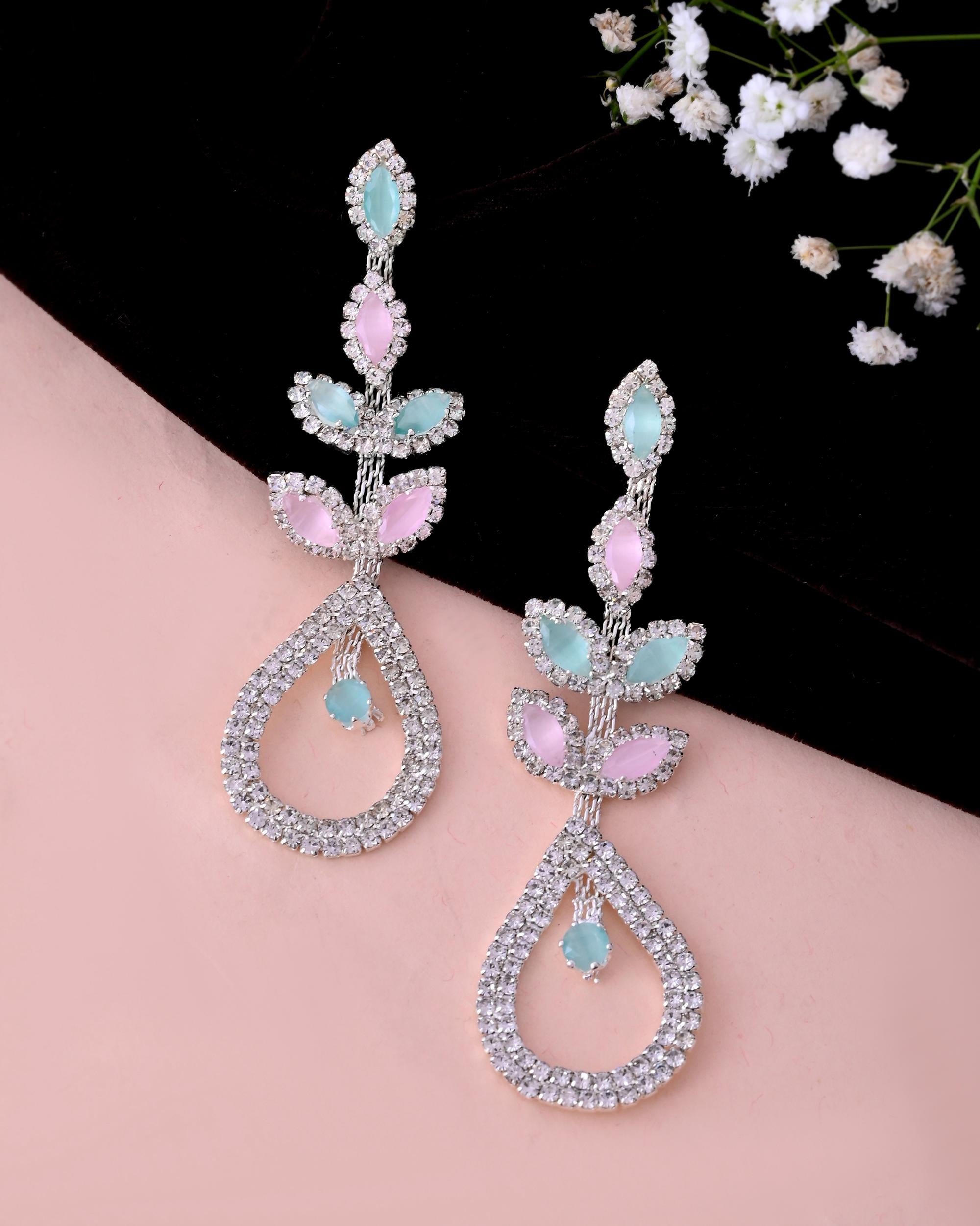 VOJ Silver-Toned Mind Green And Pink Teardrop Shaped Drop Earrings - Distacart