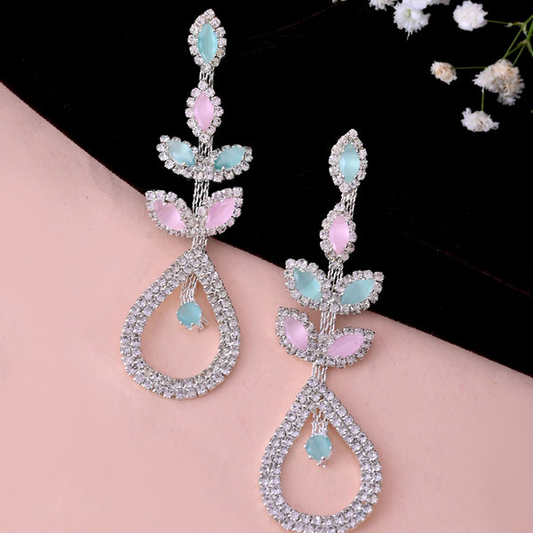 VOJ Silver-Toned Mind Green And Pink Teardrop Shaped Drop Earrings - Distacart