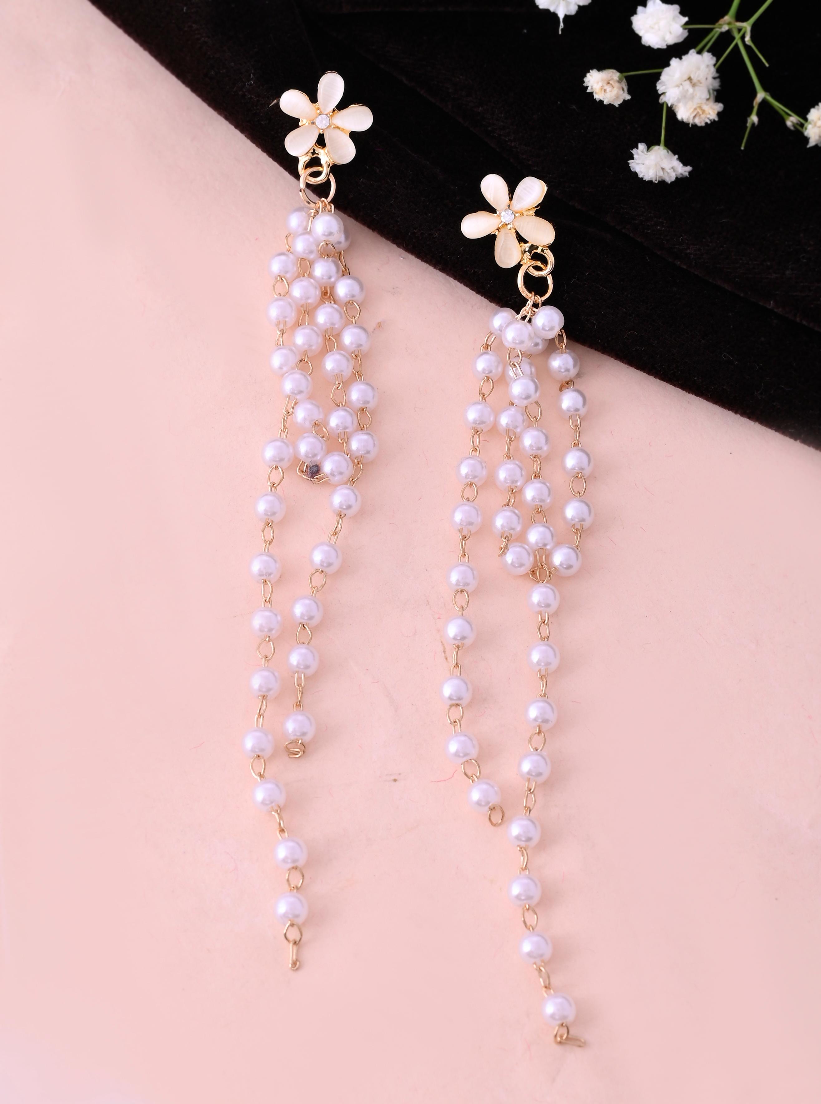 VOJ Gold-Polished Flower Stone Studded & Beaded Acrylic Drop Earrings - Distacart