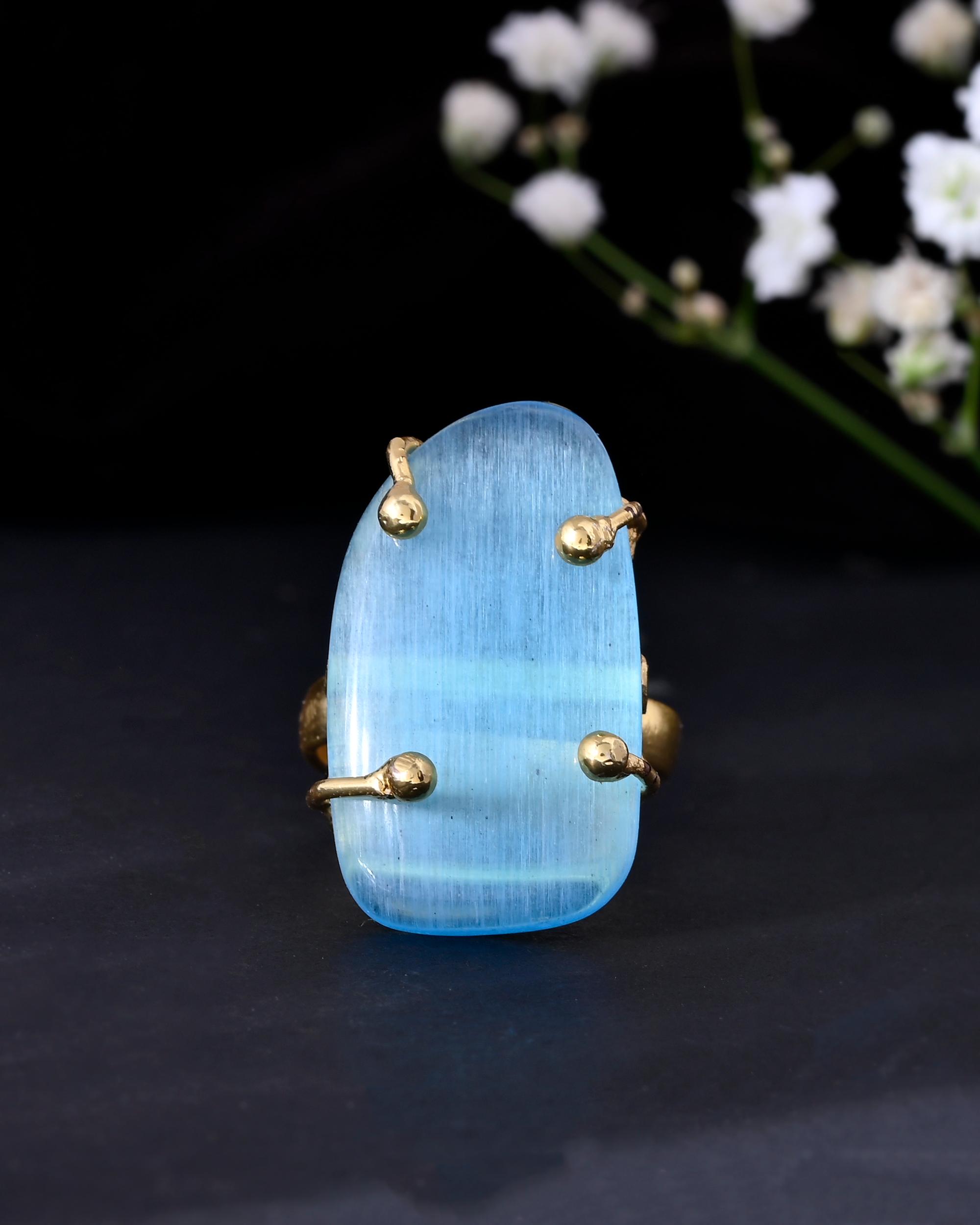 VOJ Gold-Polished Light Blue Stone Studded Ring - Distacart