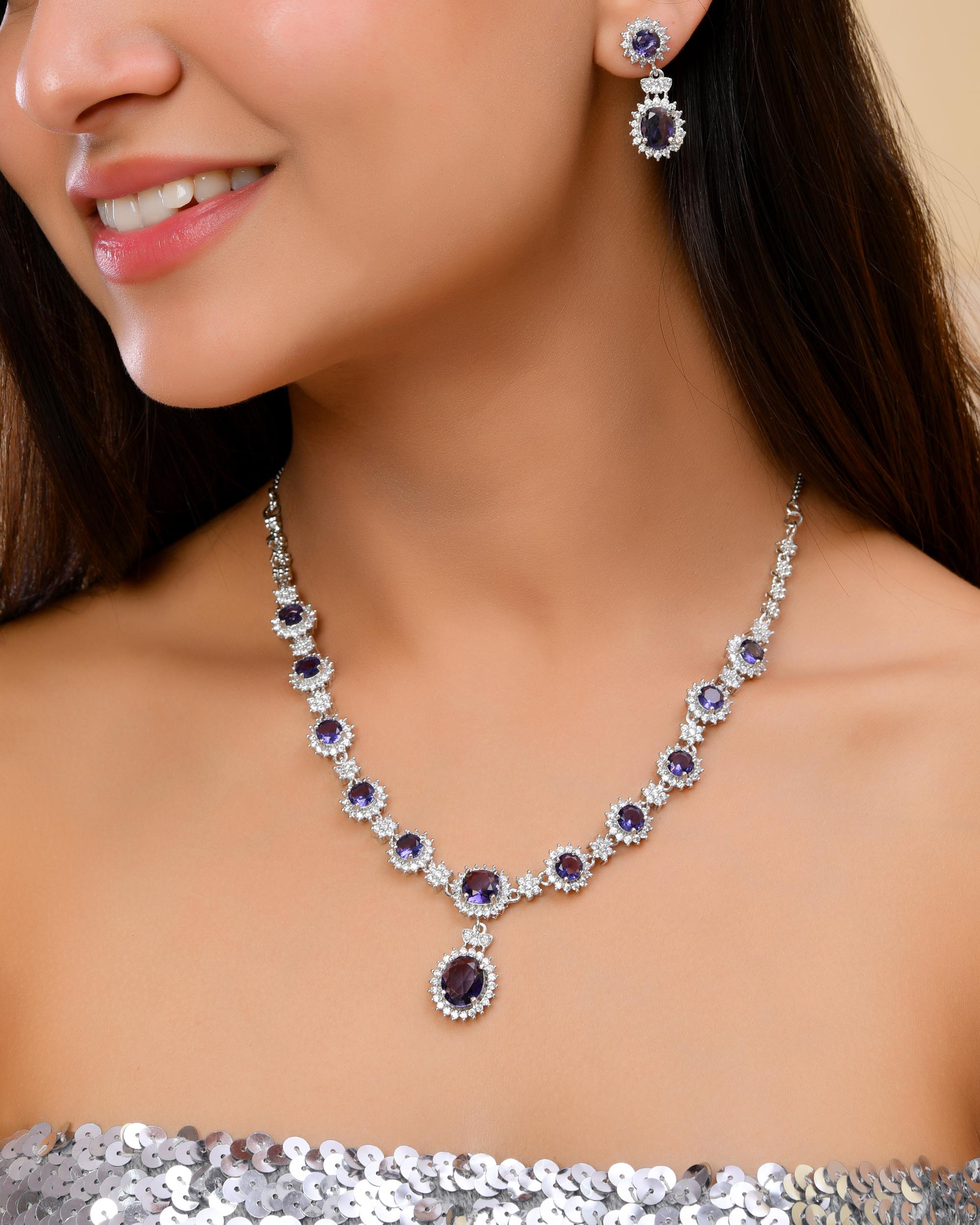 VOJ Silver Plated Blue Ad Stone Studded Jewellery Set - Distacart