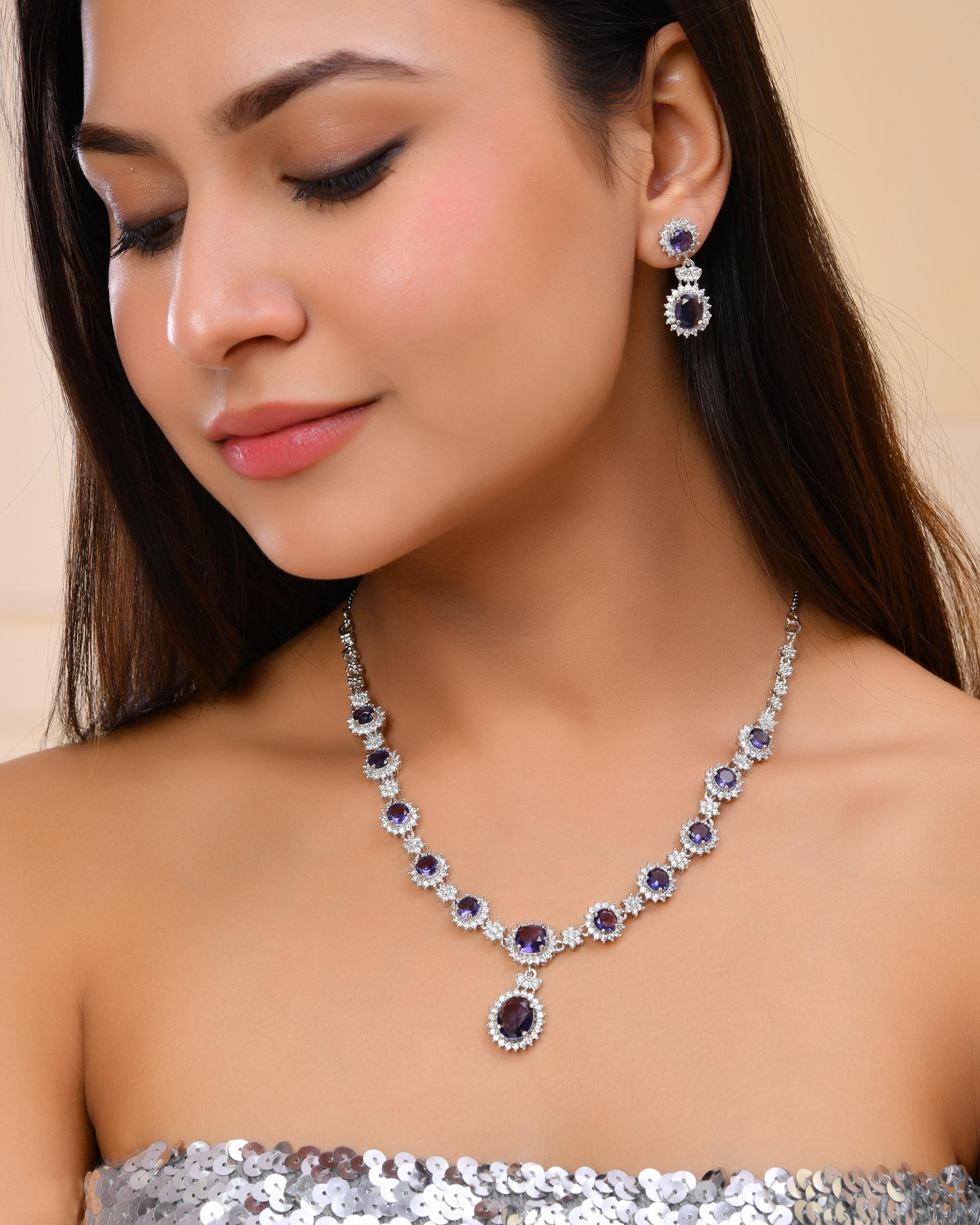 VOJ Silver Plated Blue Ad Stone Studded Jewellery Set - Distacart