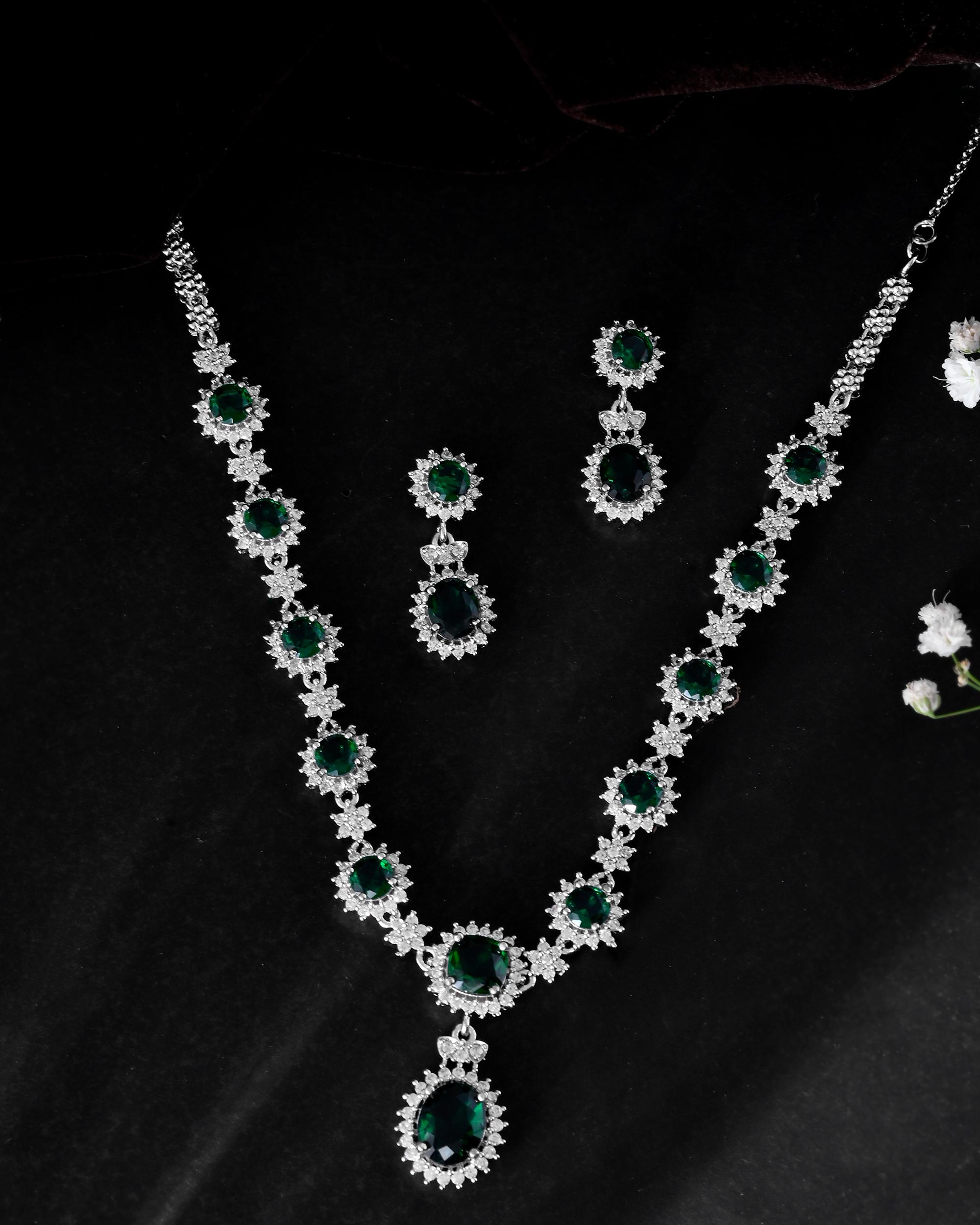 VOJ Silver Plated Green Ad Stone Studded Necklace With Earrings Set - Distacart