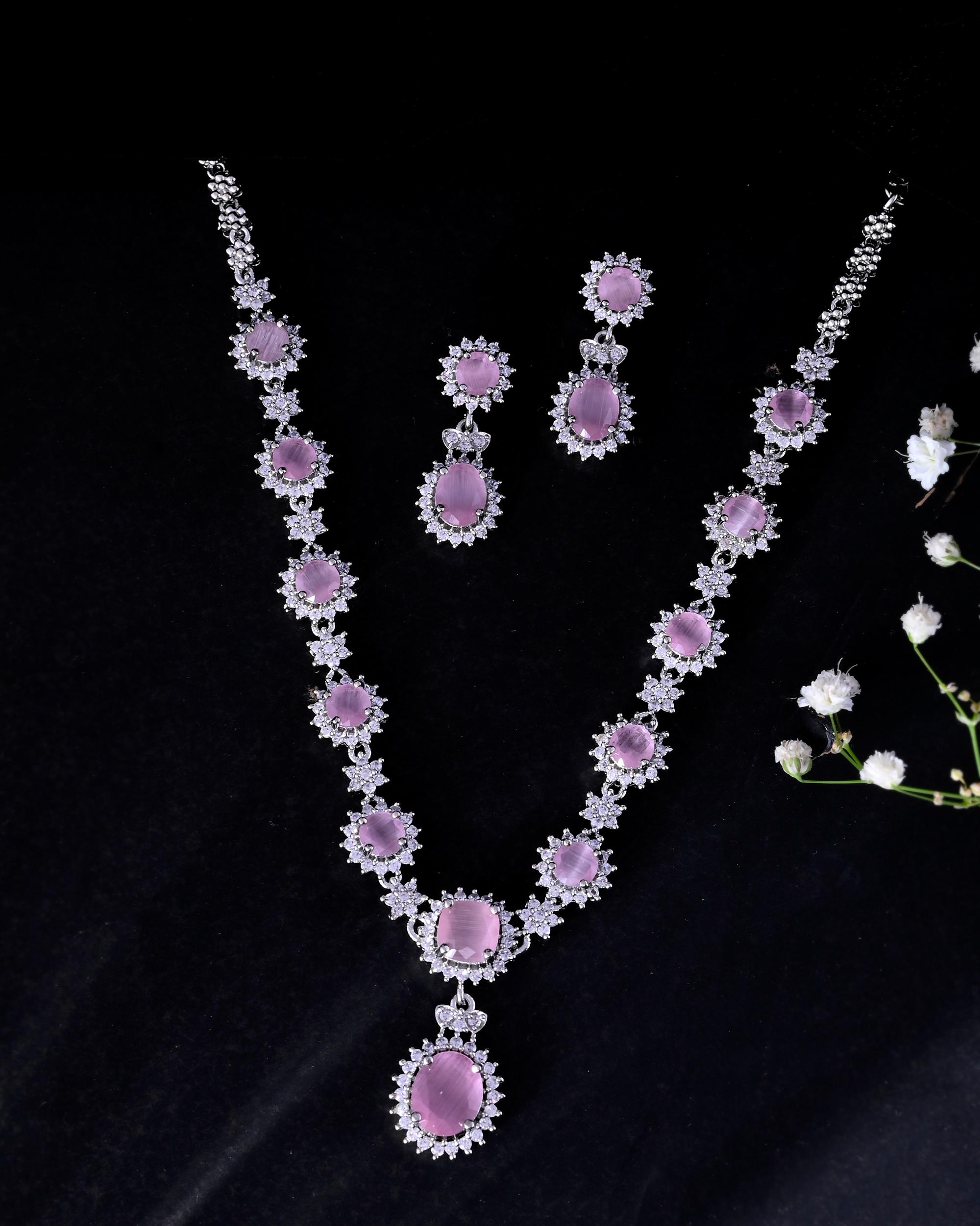 VOJ Baby Pink Ad Stone Studded Silver Plated Jewellery Set - Distacart