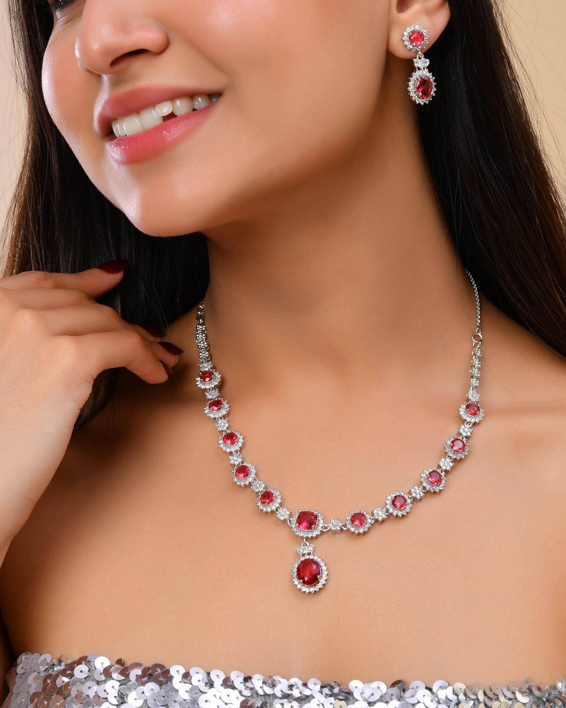 VOJ Silver Plated Red Ad Stone Studded Designer Jewellery Set - Distacart